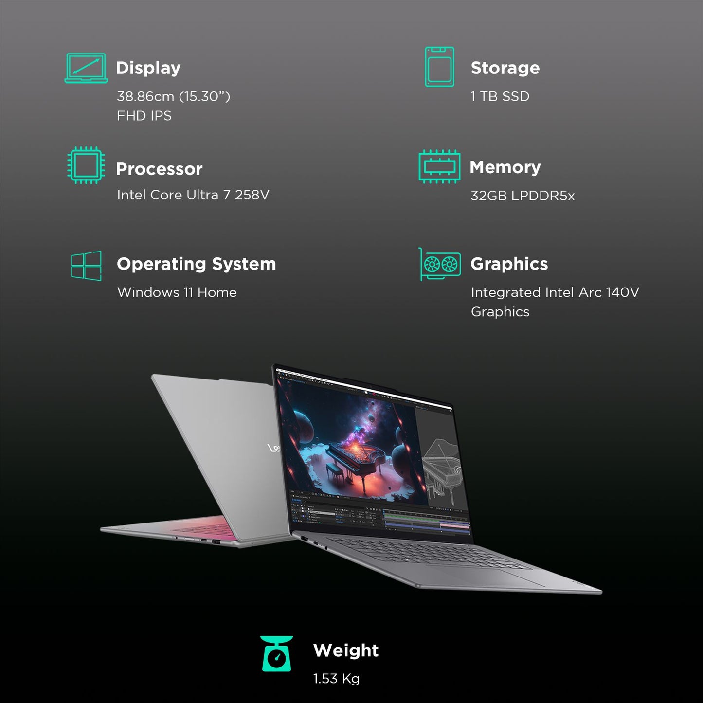 Lenovo Yoga Slim 7 Intel Core Ultra 7 258V  Touchscreen Thin & Light Laptop (32GB, 1TB SSD, Windows 11 Home, 15.3 inch WQXGA+ IPS Display, MS Office 2024, Luna Grey, 1.53 KG)