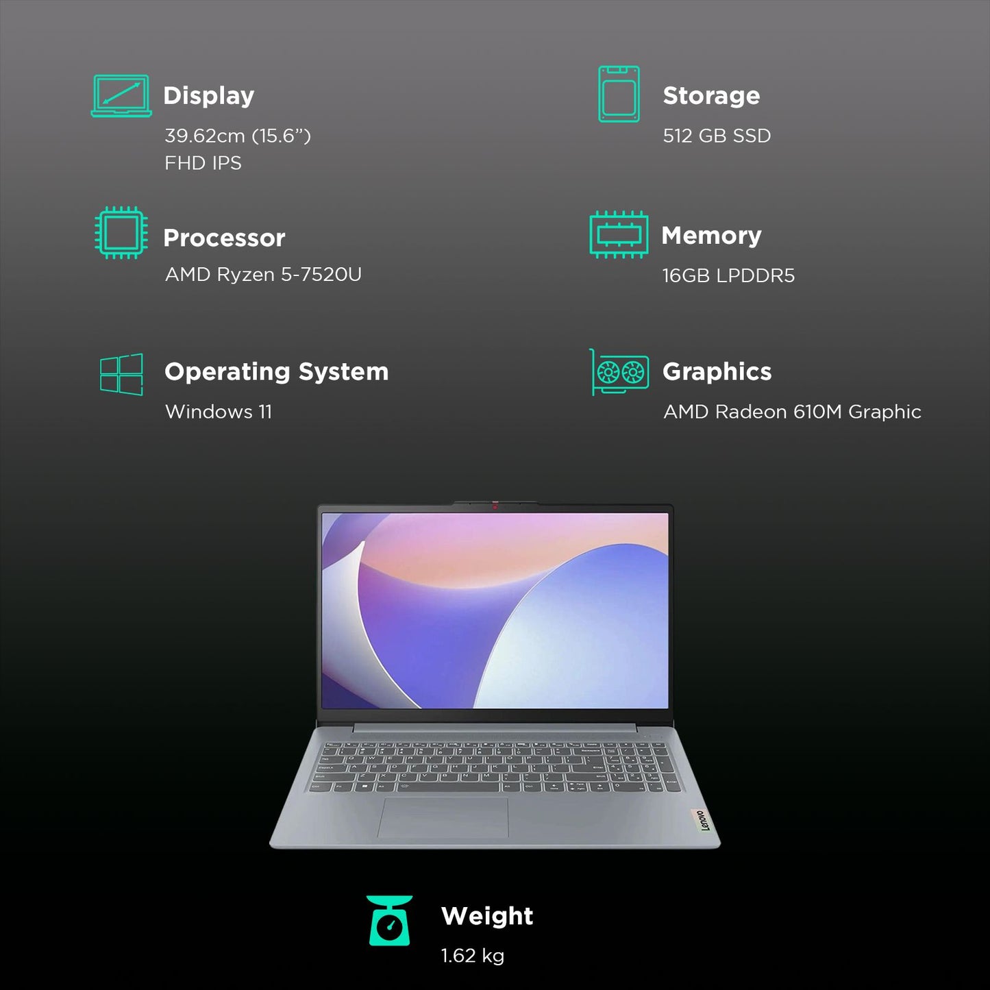 Lenovo IdeaPad Slim 3 15AMN8 AMD Ryzen 5 7520U Thin & Light Laptop (16GB, 512GB SSD, Windows 11 Home, 15.6 inch Full HD IPS Display, MS Office 2024, Arctic Grey, 1.62 KG)