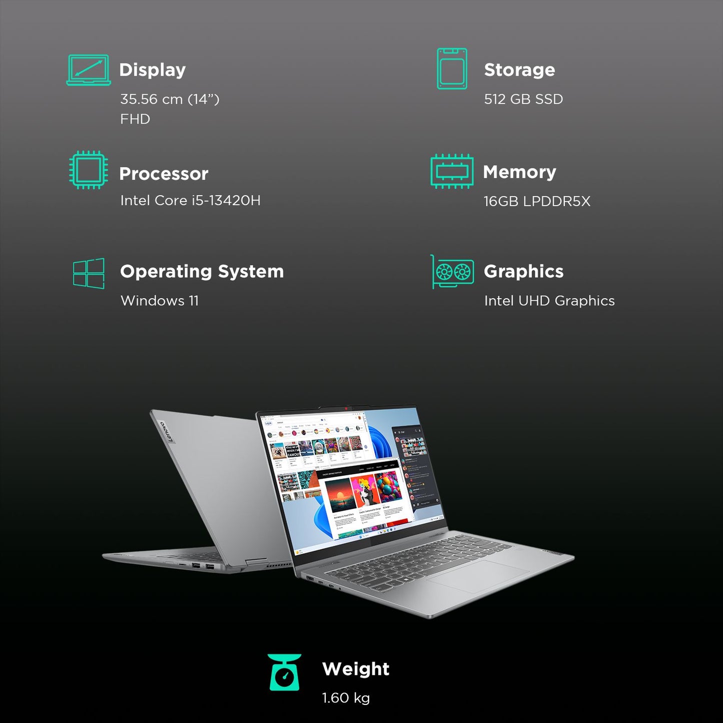Lenovo IdeaPad 5 14IRH9 Intel Core i5 13th Gen Touchscreen 2-in-1 Laptop (16GB, 512GB SSD, Windows 11 Home, 14 inch WUXGA IPS Display, MS Office 2024, Luna Grey, 1.6 KG)