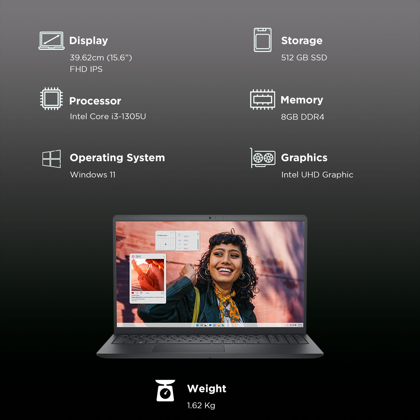 DELL Inspiron 15 3530 Intel Core i3 13th Gen Thin & Light Laptop (8GB RAM, 512GB SSD, Windows 11 Home, 15.6 inch Full HD IPS Display, MS Office Home 2024, Carbon Black, 1.62 KG)