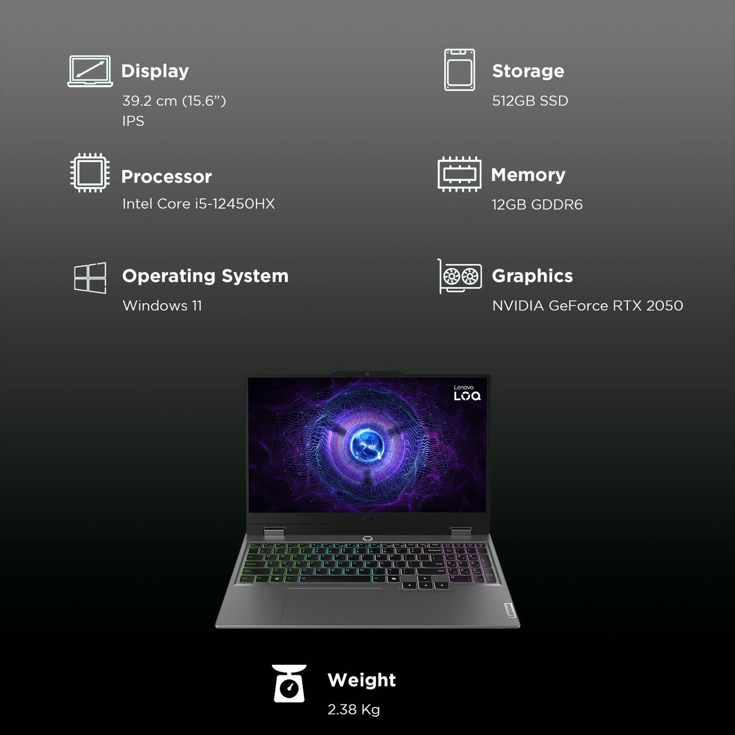 Lenovo LOQ 15IAX9 Intel Core i5 12th Gen Gaming Laptop (12GB, 512GB SSD, Windows 11 Home, 4GB Graphics, 15.6 inch 144 Hz IPS Display, NVIDIA GeForce RTX 2050, MS Office 2024, Luna Grey, 2.38 KG)
