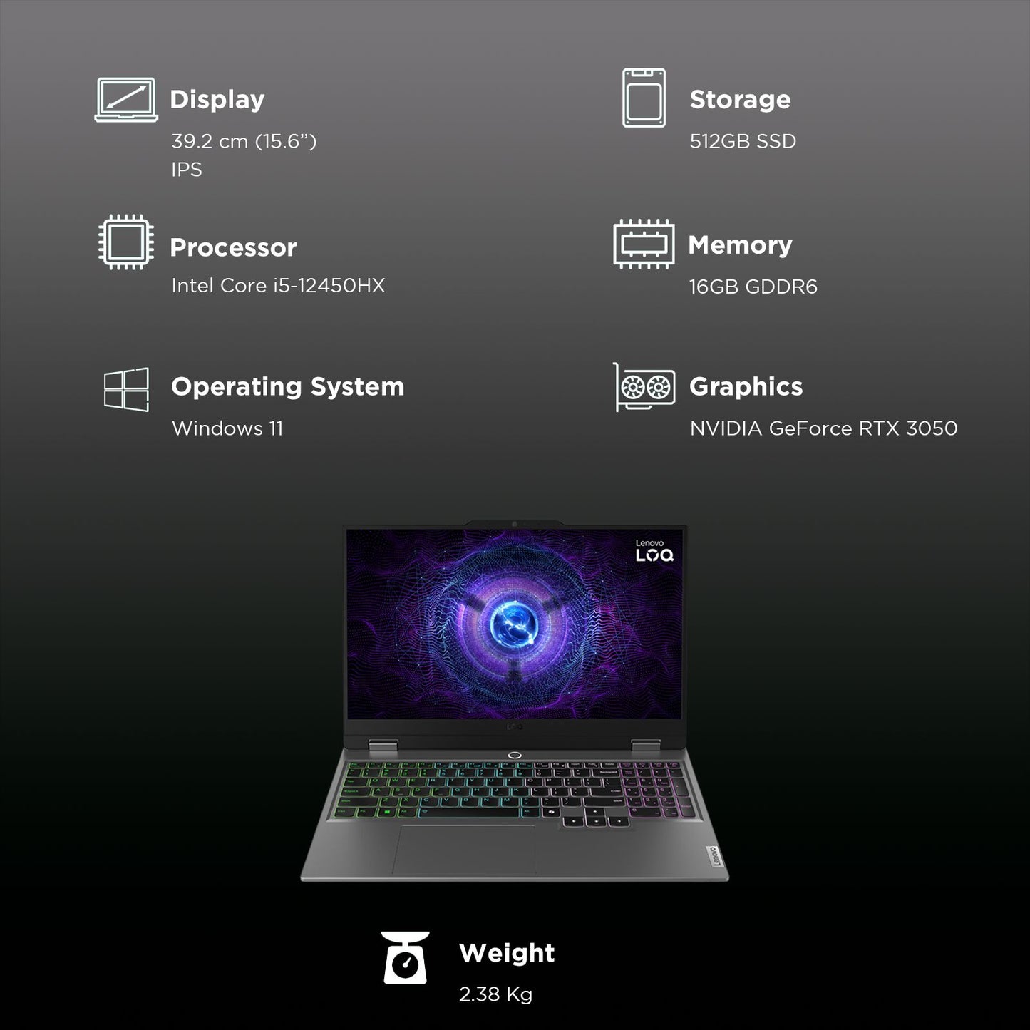 Lenovo LOQ 15IAX9 Intel Core i5 12th Gen Gaming Laptop (16GB, 512GB SSD, Windows 11 Home, 6GB Graphics, 15.6 inch 144 Hz IPS Display, NVIDIA GeForce RTX 3050, MS Office 2024, Luna Grey, 2.38 KG)
