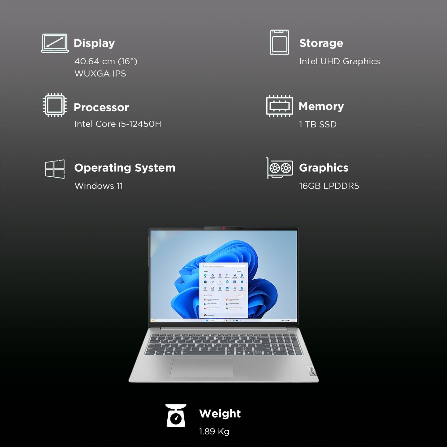 Lenovo IdeaPad Slim 5 16IAH8 Intel Core i5 12th Gen Thin & Light Laptop (16GB, 1TB SSD, Windows 11 Home, 16 inch WUXGA IPS Display, MS Office 2021, Cloud Grey, 1.89 KG)