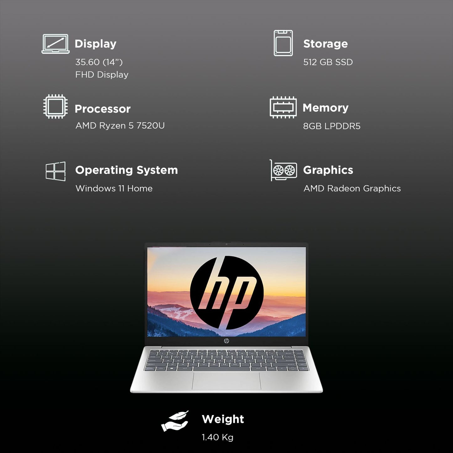 HP 14-em0026AU AMD Ryzen 5 7520U Thin & Light Laptop (8GB, 512GB SSD, Windows 11 Home, 14 inch Full HD Display, MS Office 2021, Natural Silver, 1.4 KG)