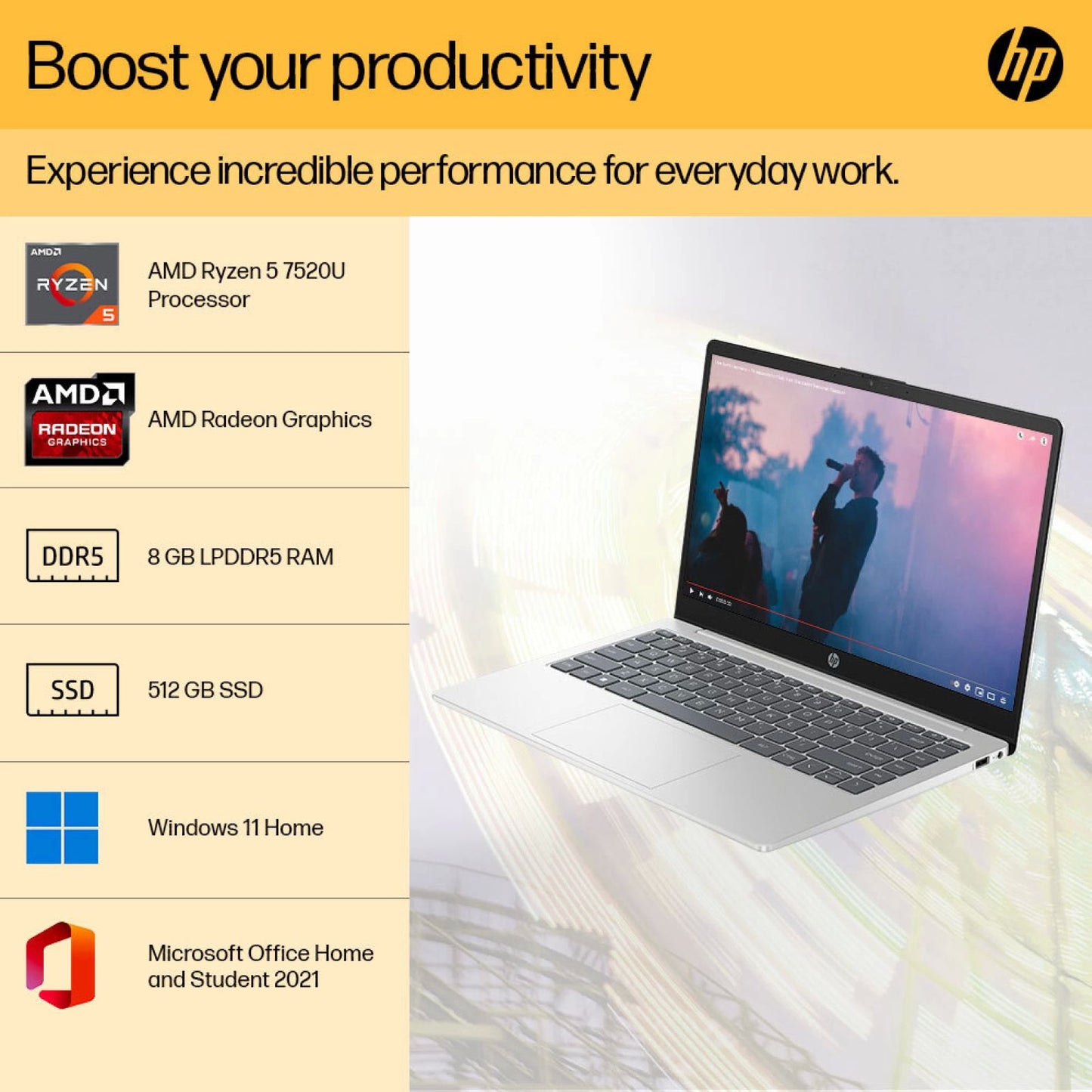 HP 14-em0026AU AMD Ryzen 5 7520U Thin & Light Laptop (8GB, 512GB SSD, Windows 11 Home, 14 inch Full HD Display, MS Office 2021, Natural Silver, 1.4 KG)