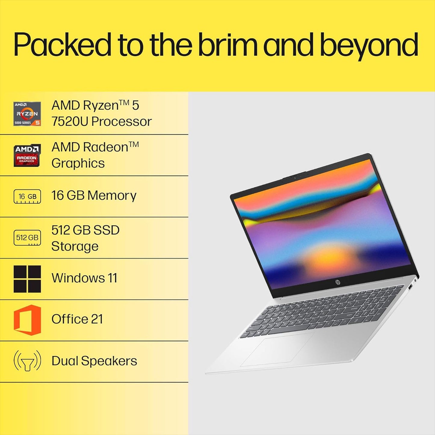 HP 15-fc0156AU AMD Ryzen 5 Thin & Light Laptop (16GB, 512GB SSD, Windows 11 Home, 15.6 inch Full HD Display, MS Office Home 2021, Natural Silver, 1.59 KG)