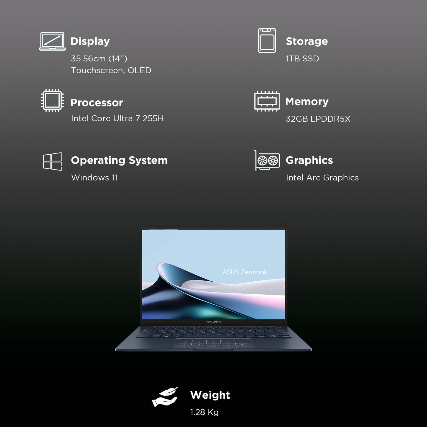 ASUS Zenbook 1 Intel Core Ultra 7 255H Touchscreen Notebook Laptop (32GB, 1TB SSD, Windows 11 Home, 14 inch OLED Display, MS Office 2024, Ponder Blue, 1.28 KG)