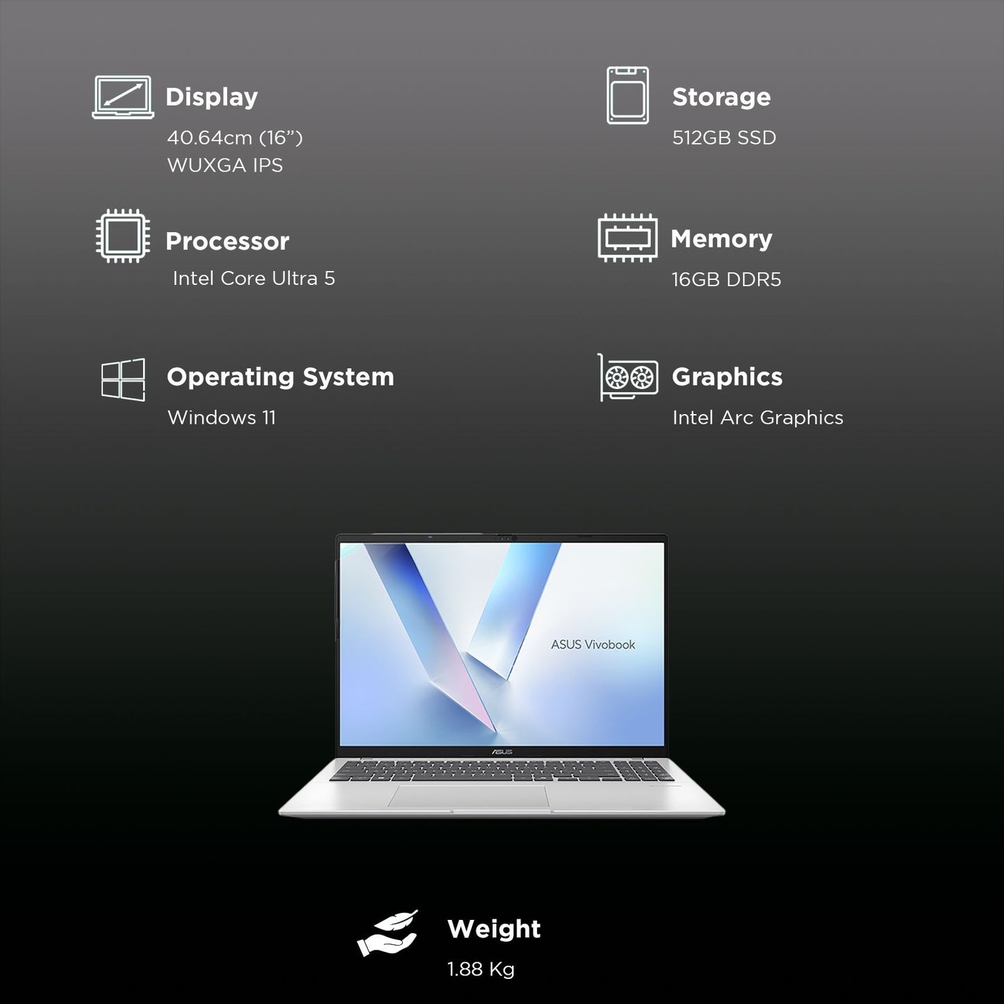 ASUS Vivobook 16 Intel Core Ultra 5 Laptop (16GB, 512GB SSD, Windows 11 Home, 16 inch WUXGA Display, MS Office Home 2024, Cool Silver, 1.88 KG)