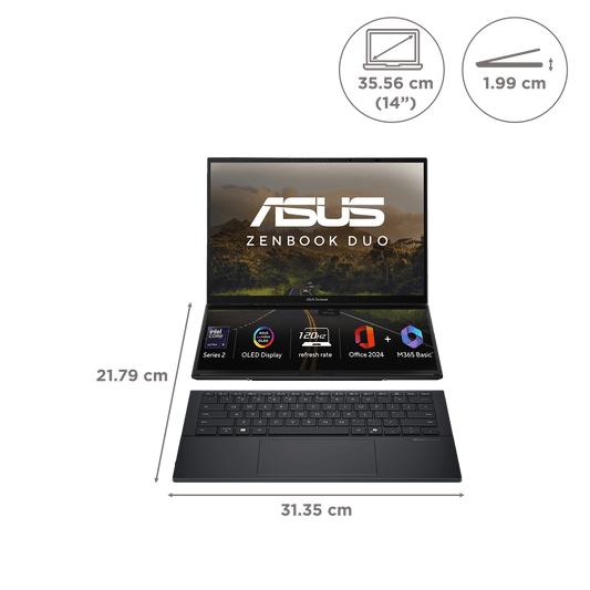 ASUS Zenbook Duo Intel Core Ultra 9 285H Touchscreen Laptop (32GB, 1TB SSD, Windows 11 Home, 14 inch OLED Display, MS Office Home 2024, Inkwell Gray, 1.65 KG)