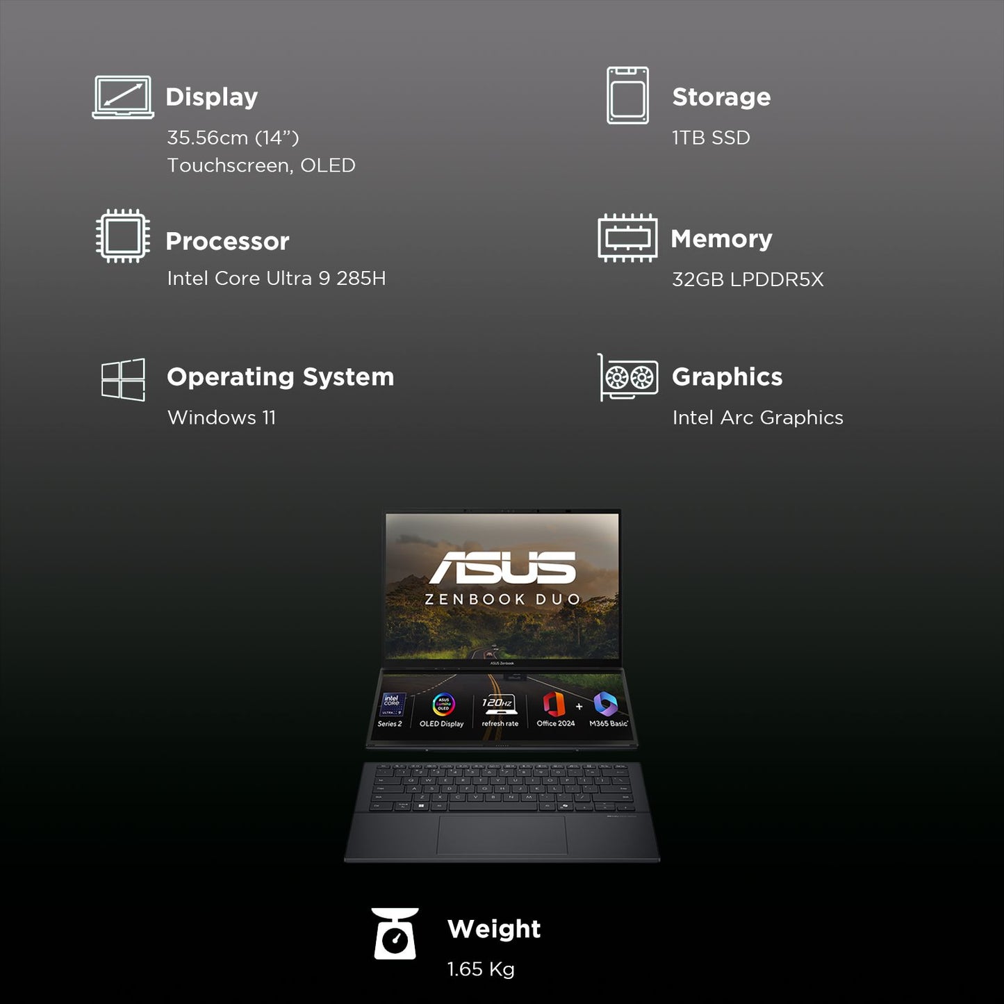 ASUS Zenbook Duo Intel Core Ultra 9 285H Touchscreen Laptop (32GB, 1TB SSD, Windows 11 Home, 14 inch OLED Display, MS Office Home 2024, Inkwell Gray, 1.65 KG)