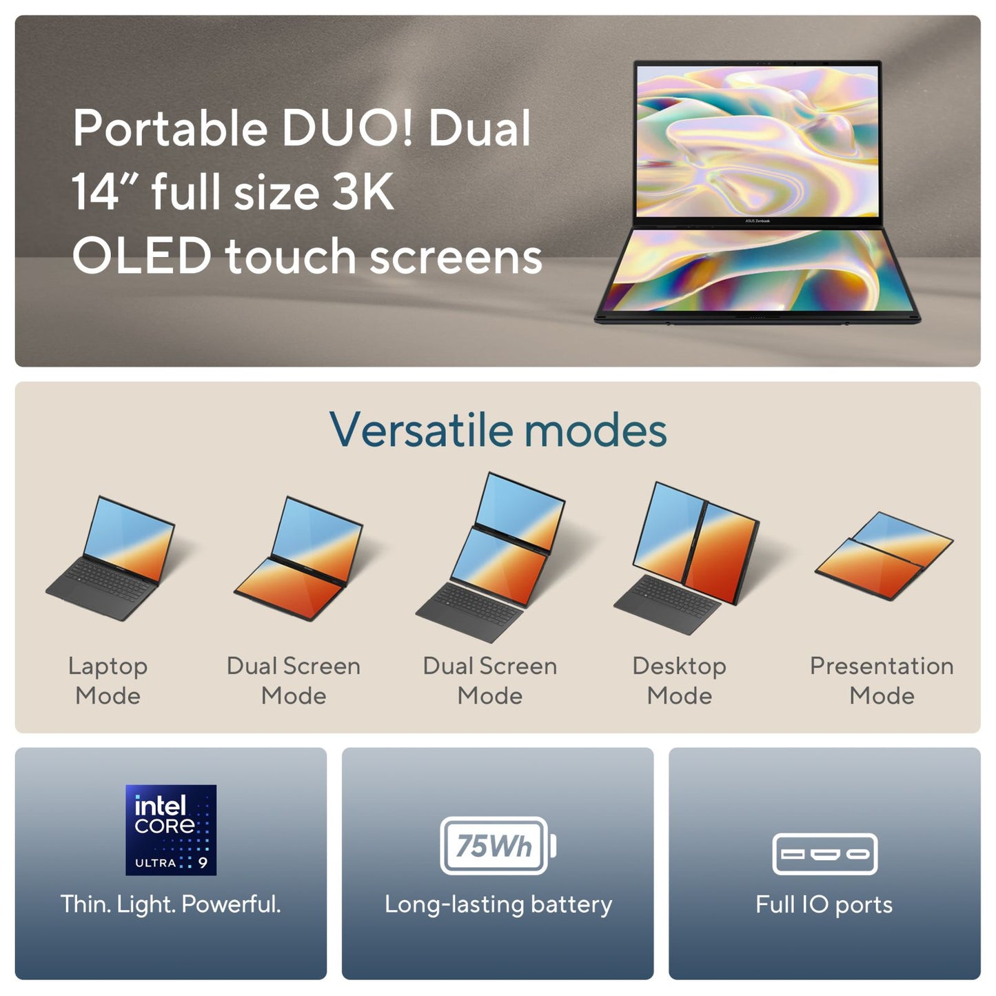 ASUS Zenbook Duo Intel Core Ultra 9 285H Touchscreen Laptop (32GB, 1TB SSD, Windows 11 Home, 14 inch OLED Display, MS Office Home 2024, Inkwell Gray, 1.65 KG)