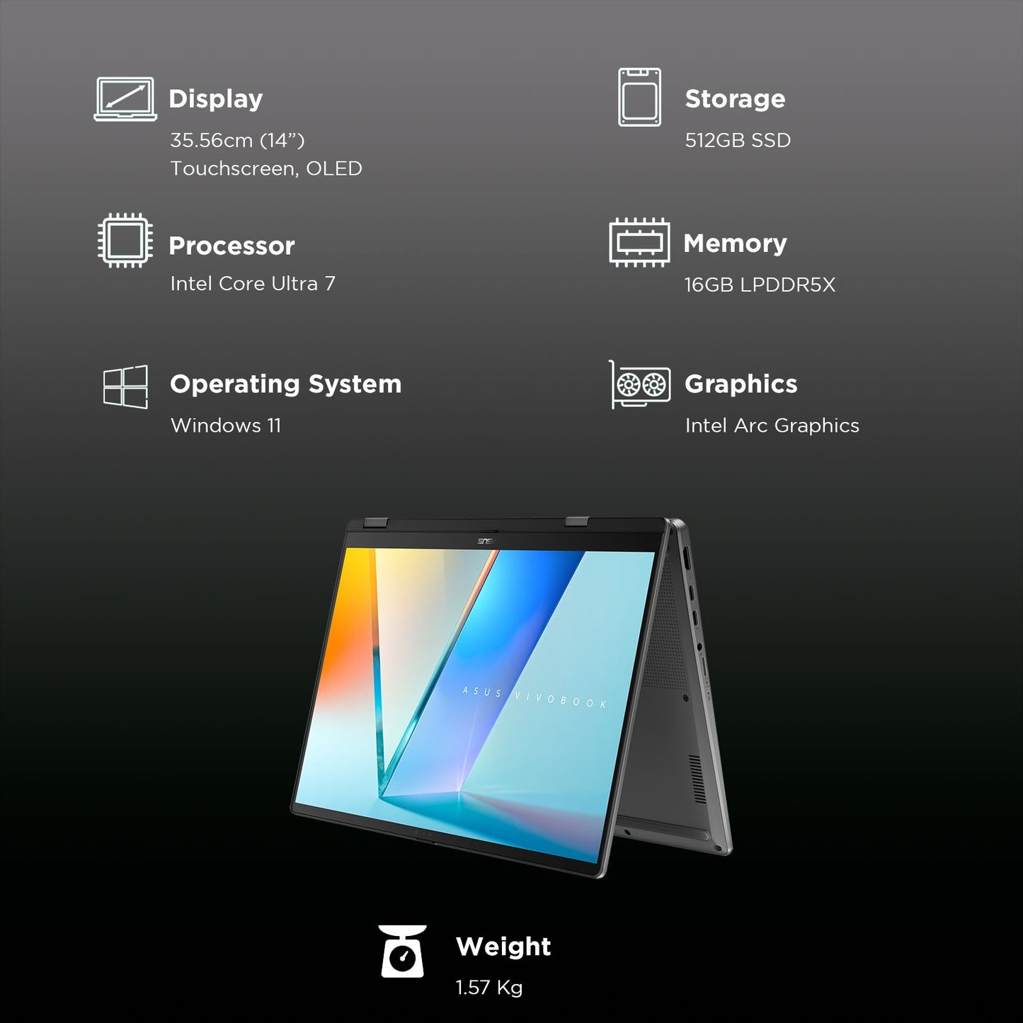 ASUS Vivobook 1 Flip Intel Core Ultra 7 256V Touchscreen 2-in-1 Laptop (16GB, 512GB SSD, Windows 11 Home, 14 inch OLED Display, MS Office Home 2024, Matte Gray, 1.57 KG)