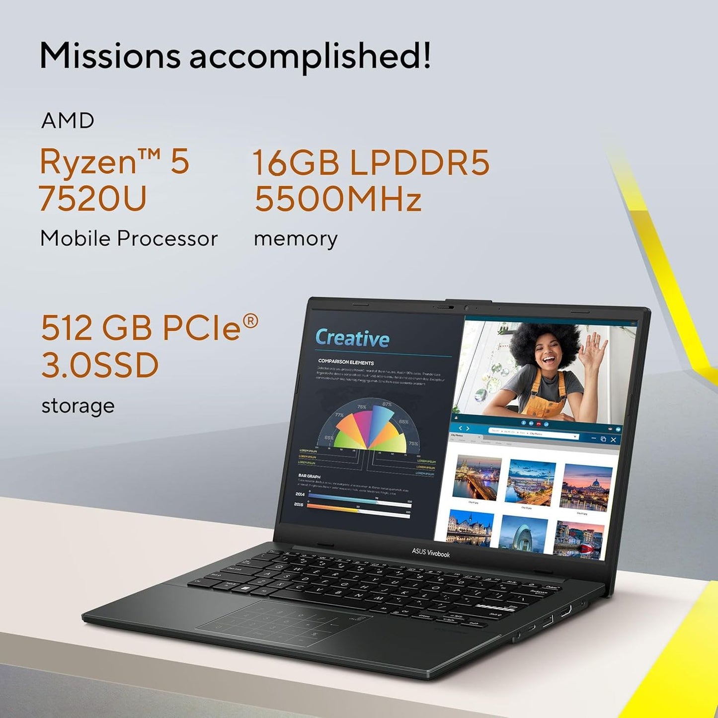 ASUS Vivobook Go 14 AMD Ryzen 5 7520U Thin & Light Laptop (16GB, 512GB SSD, Windows 11 home, AMD Radeon Graphics, 14 inch Full HD Display, MS Office Home 2024, Mixed Black, 1.38 KG)
