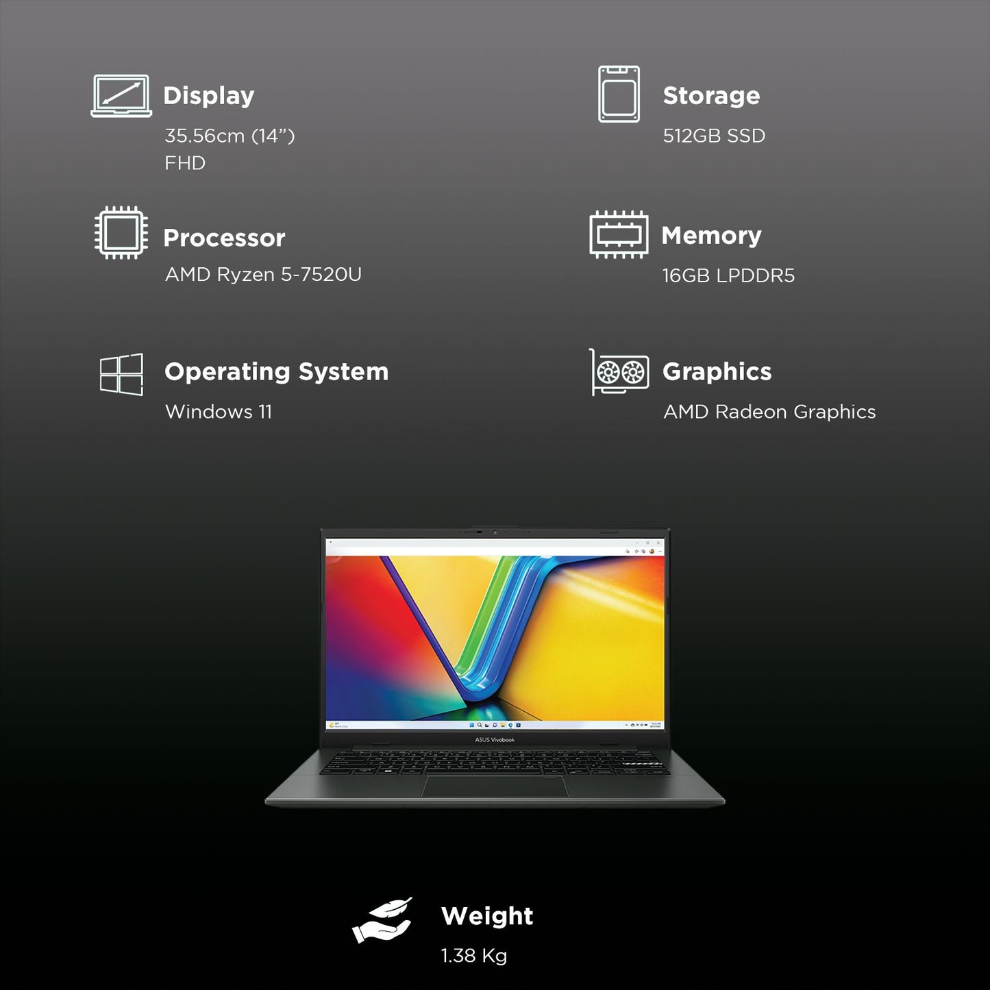 ASUS Vivobook Go 14 AMD Ryzen 5 7520U Thin & Light Laptop (16GB, 512GB SSD, Windows 11 home, AMD Radeon Graphics, 14 inch Full HD Display, MS Office Home 2024, Mixed Black, 1.38 KG)