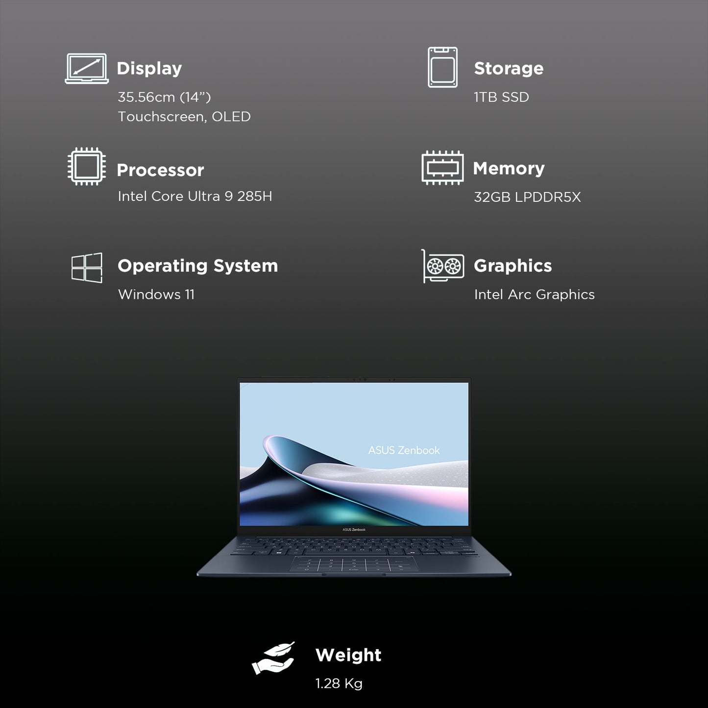 ASUS Zenbook 1 Intel Core Ultra 9 285H Touchscreen Notebook Laptop (32GB, 1TB SSD, Windows 11 Home, 14 inch OLED Display, MS Office 2024, Ponder Blue, 1.28 KG)