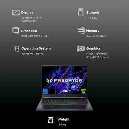 acer Predator Helios Neo 14 Intel Core Ultra 7 Gaming Laptop (16GB, 1TB SSD, Windows 11 Home, 6GB Graphics, 14.5 inch 120 Hz WUXGA IPS Display, NVIDIA Geforce RTX 4050, MS Office, Abyssal Black, 1.99 KG)