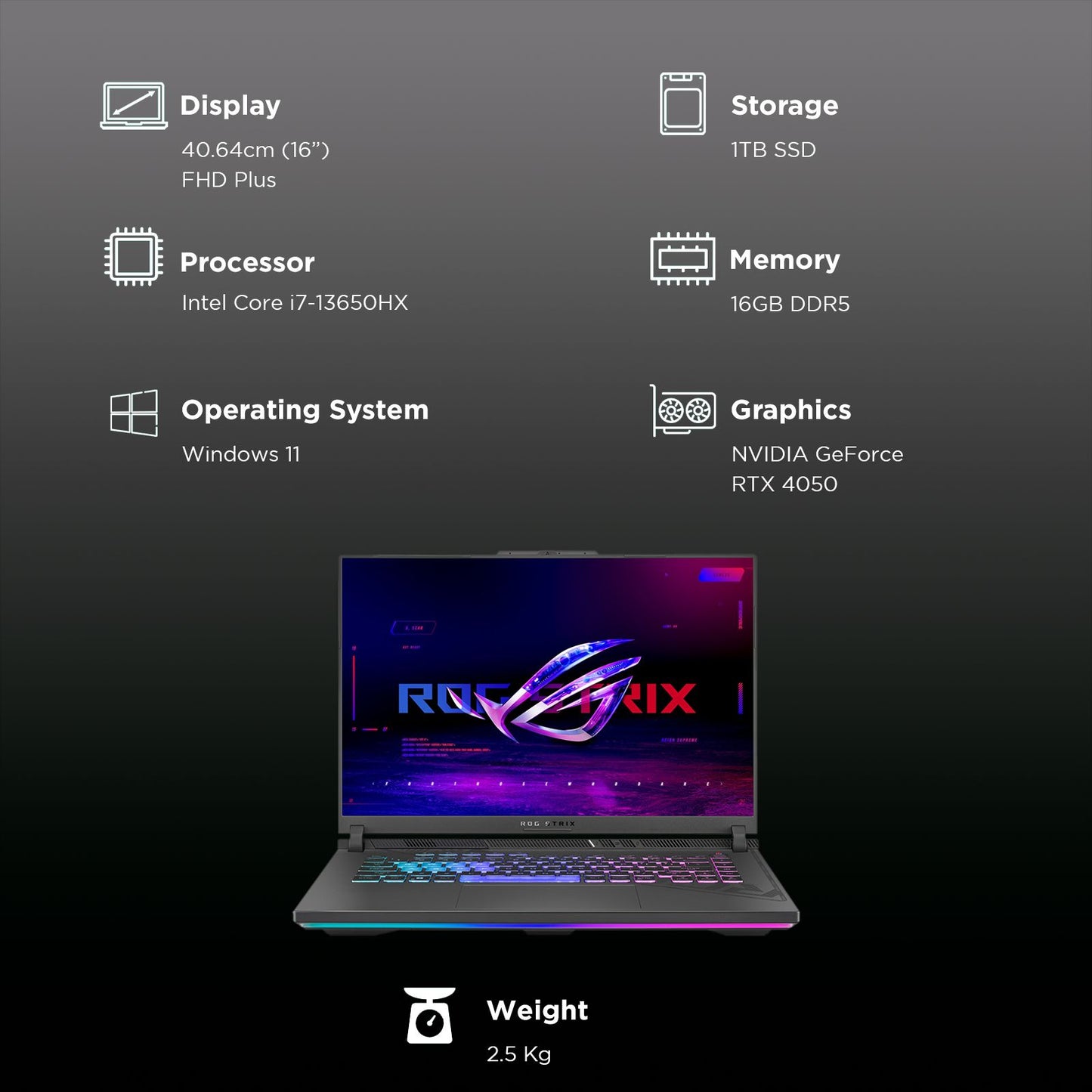 ASUS ROG Strix G16 Intel Core i7 13th Gen Gaming Laptop (16GB, 1TB SSD, Windows 11 Home, 6GB Graphics, 16 inch 165 Hz Full HD Plus Display, NVIDIA GeForce RTX 4050, MS Office Home 2024, Eclipse Gray, 2.5 KG)