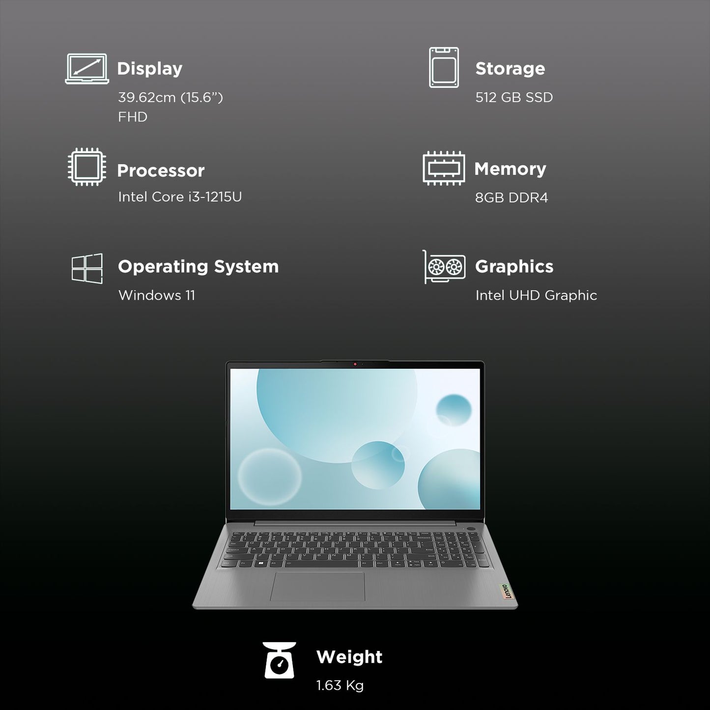 Lenovo Ideapad 3 15IAU7 Intel Core i3 12th Gen Thin & Light Laptop (8GB, 512GB SSD, Windows 11 Home, 15.6 inch Full HD Display, MS Office Home 2024, Arctic Grey, 1.63 KG)