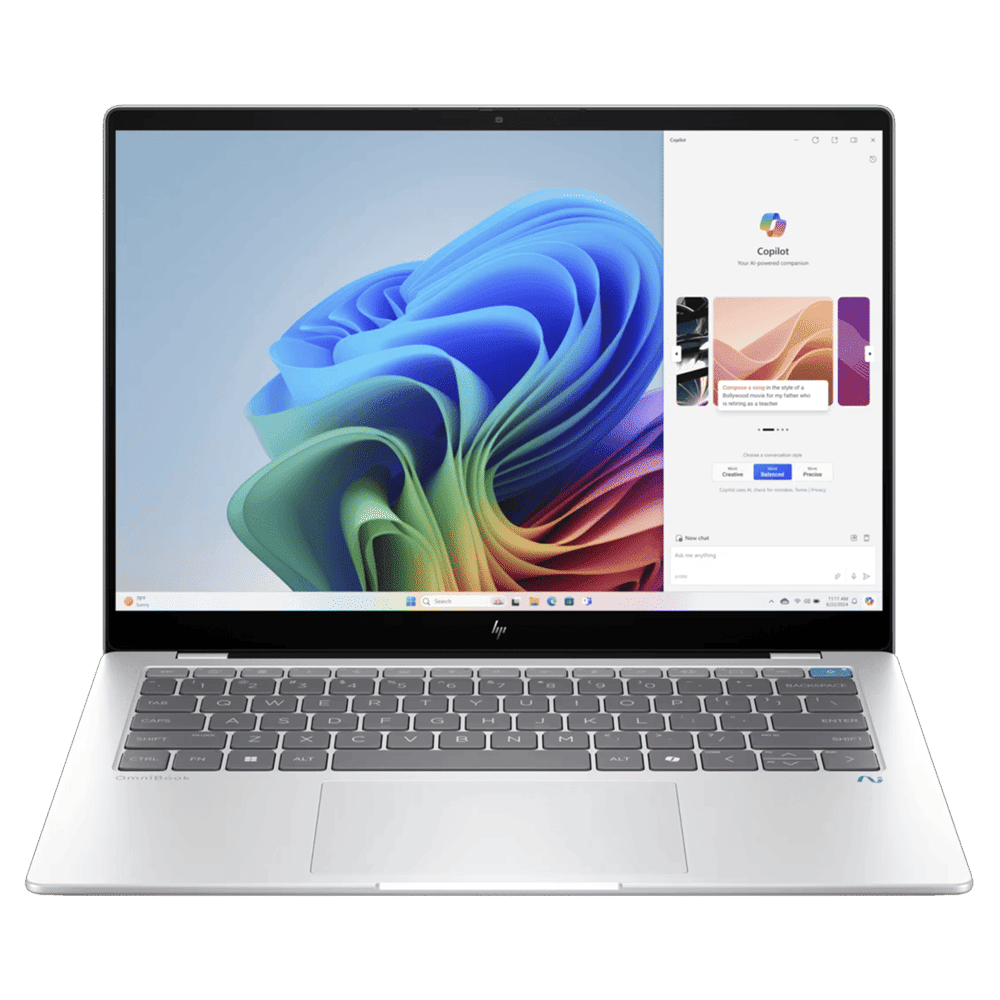 HP OmniBook X 14-fe1011QU Qualcomm Snapdragon X Plus Touchscreen Thin & Light Laptop (16GB, 512GB SSD, Windows 11 Home, 14 inch 2.2K IPS Display, MS Office 2021, Glacier Silver, 1.34 KG)