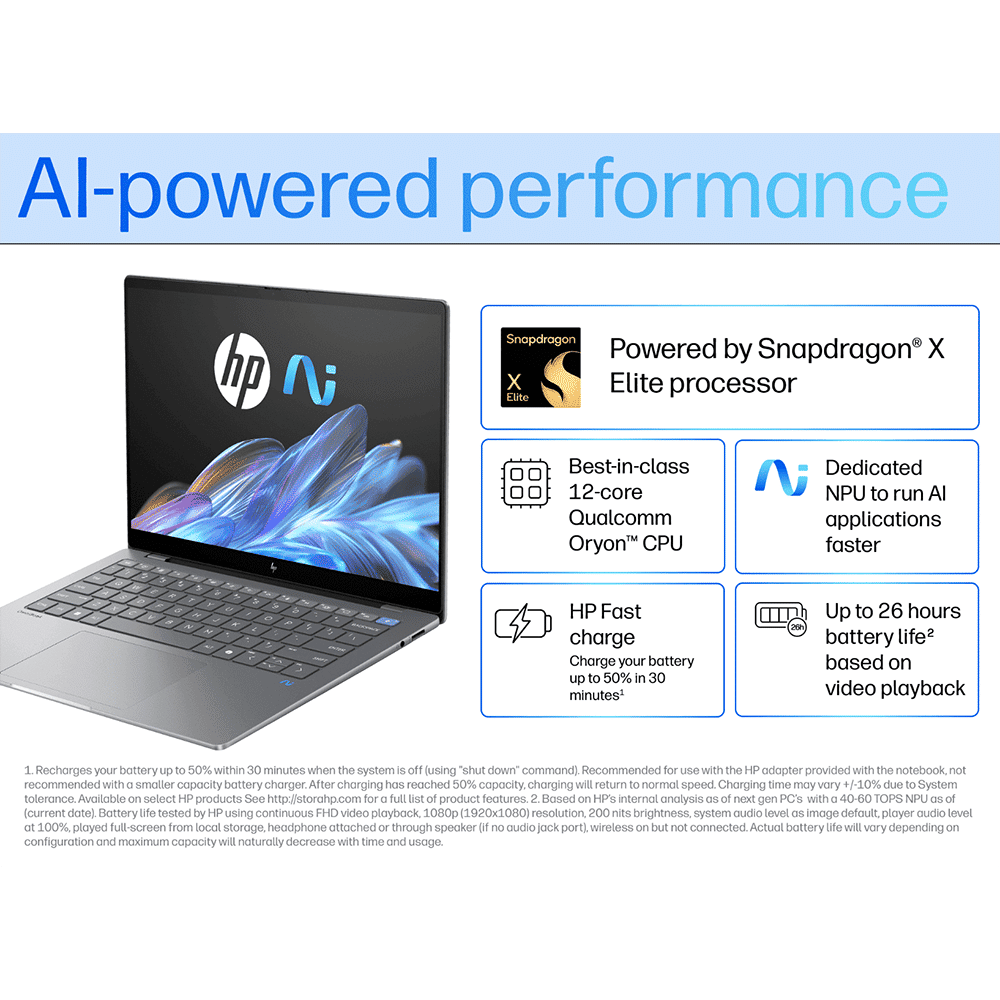 HP OmniBook X 14-fe1011QU Qualcomm Snapdragon X Plus Touchscreen Thin & Light Laptop (16GB, 512GB SSD, Windows 11 Home, 14 inch 2.2K IPS Display, MS Office 2021, Glacier Silver, 1.34 KG)