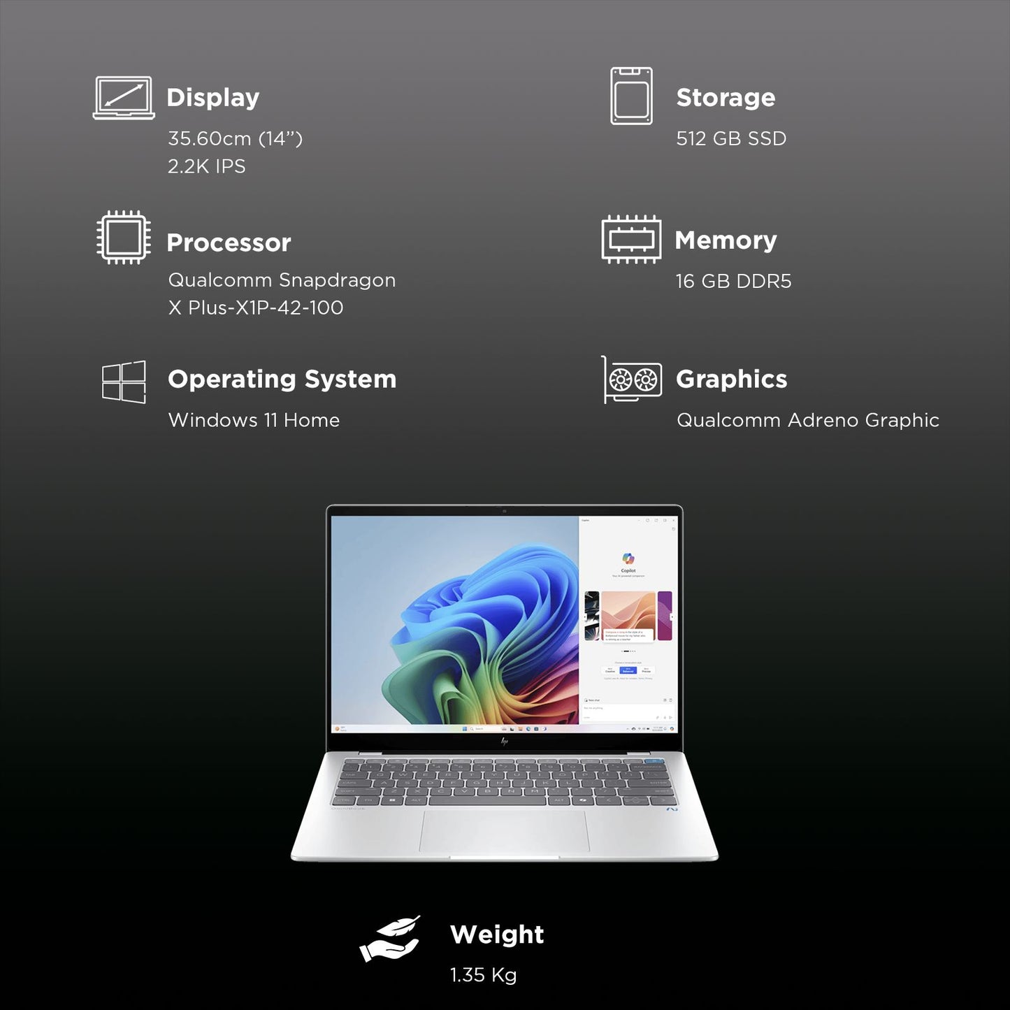 HP OmniBook X 14-fe1011QU Qualcomm Snapdragon X Plus Touchscreen Thin & Light Laptop (16GB, 512GB SSD, Windows 11 Home, 14 inch 2.2K IPS Display, MS Office 2021, Glacier Silver, 1.34 KG)