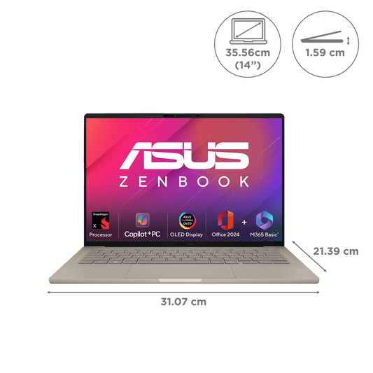 ASUS Zenbook A14 Snapdragon X X126100 Ultra Thin Laptop (16GB, 512GB SSD, Windows 11 Home, 14 inch WUXGA OLED Display, MS Office Home 2024, Zabriskie Beige, 0.98 KG)