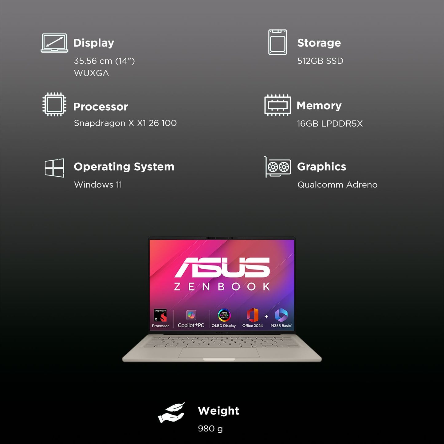 ASUS Zenbook A14 Snapdragon X X126100 Ultra Thin Laptop (16GB, 512GB SSD, Windows 11 Home, 14 inch WUXGA OLED Display, MS Office Home 2024, Zabriskie Beige, 0.98 KG)