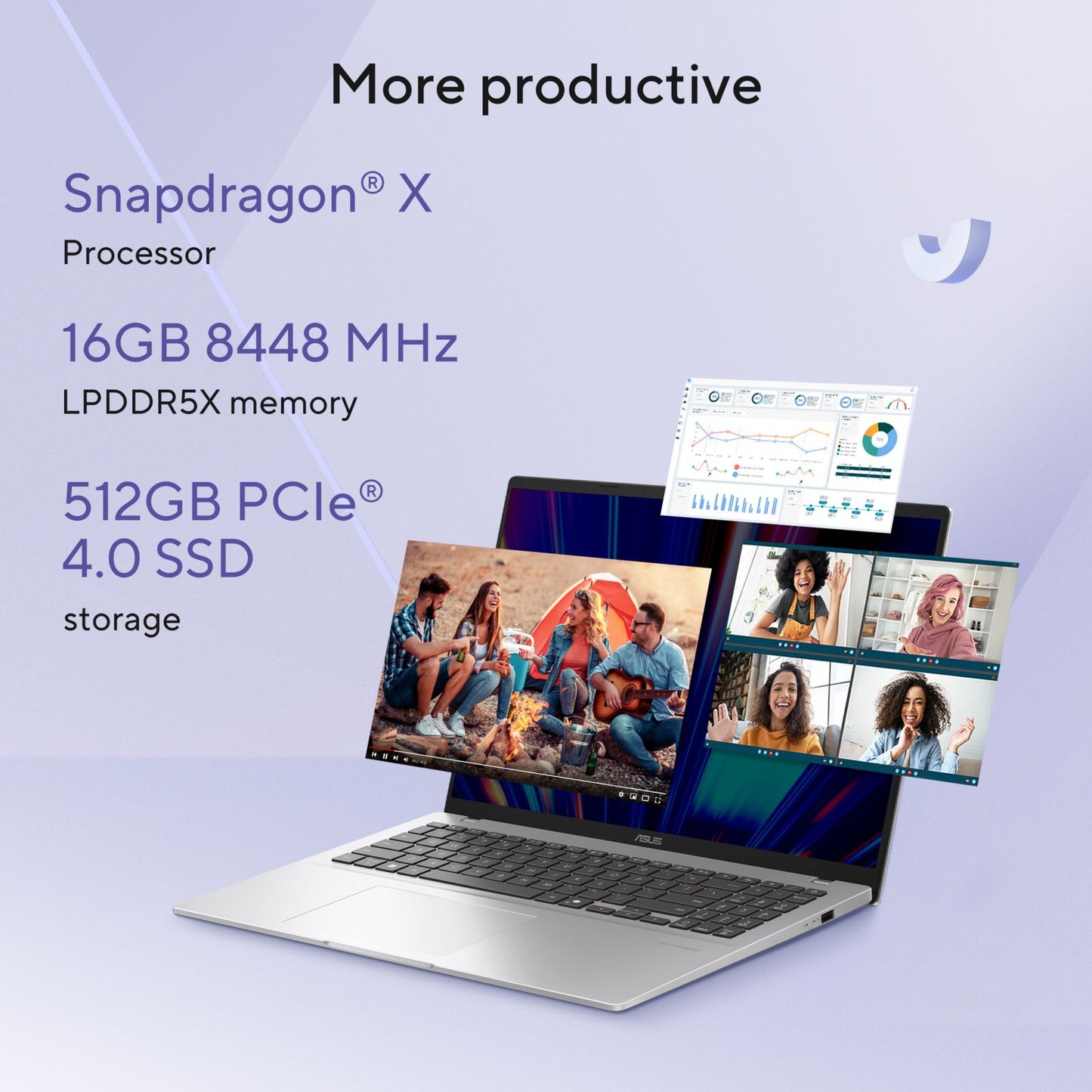 ASUS Vivobook 16 Snapdragon X X1 26 100 Thin & Light Laptop (16GB, 512GB SSD, Windows 11 Home, 16 inch WUXGA Display, MS Office Home 2024, Cool Silver, 1.88 KG)