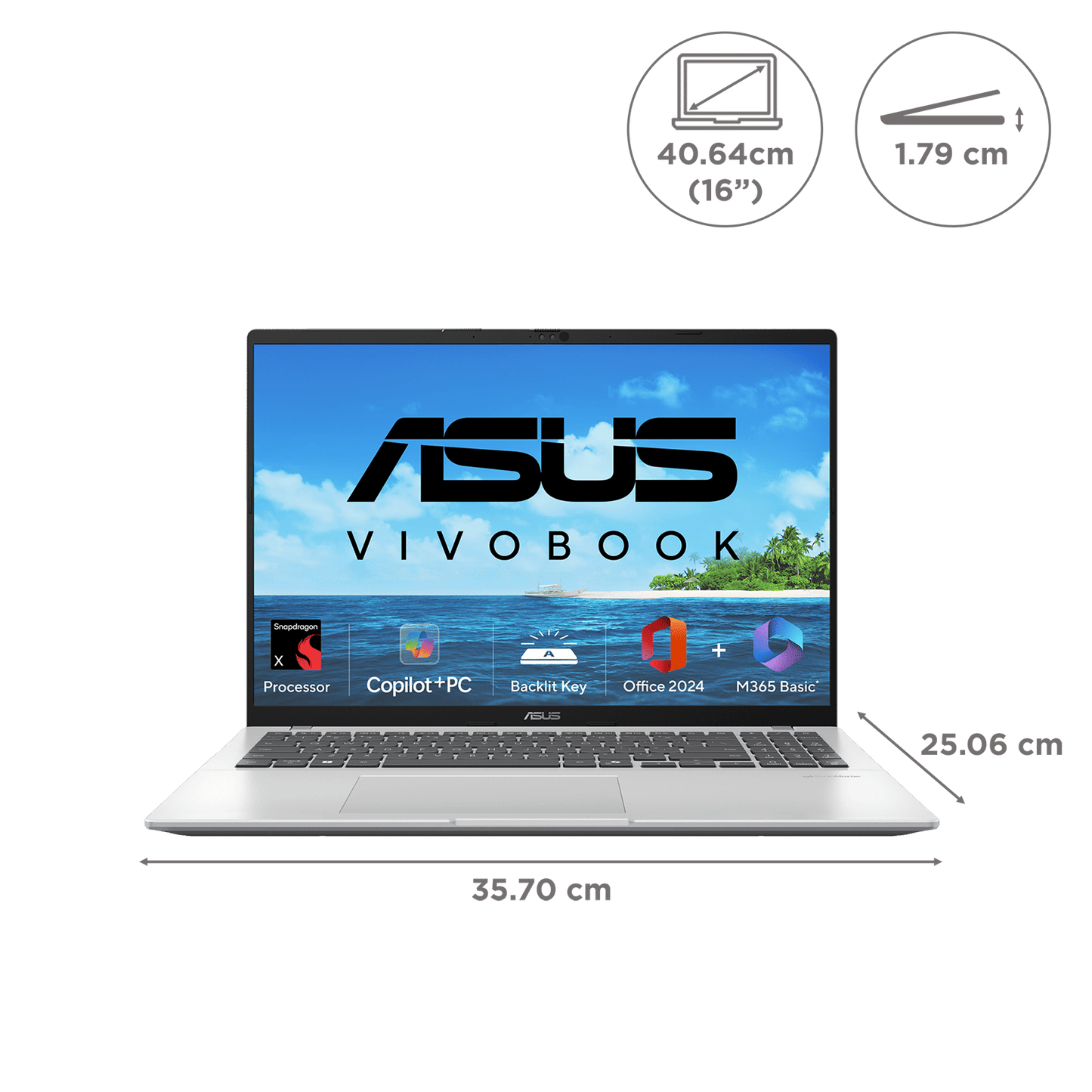 ASUS Vivobook 16 Snapdragon X X1 26 100 Thin & Light Laptop (16GB, 512GB SSD, Windows 11 Home, 16 inch WUXGA Display, MS Office Home 2024, Cool Silver, 1.88 KG)