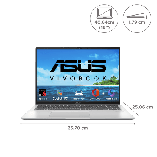 ASUS Vivobook 16 Snapdragon X X1 26 100 Thin & Light Laptop (16GB, 512GB SSD, Windows 11 Home, 16 inch WUXGA Display, MS Office Home 2024, Cool Silver, 1.88 KG)