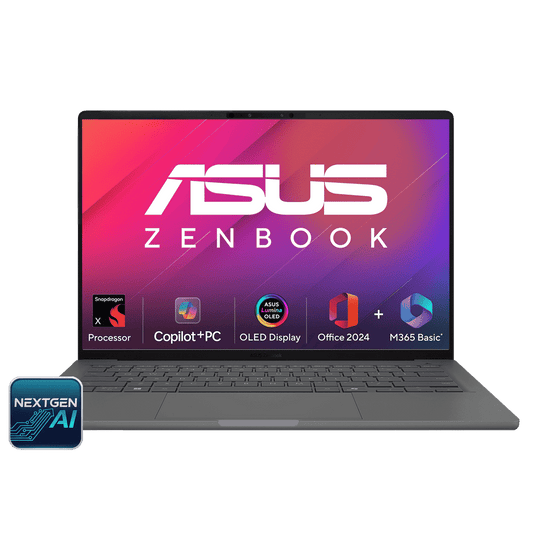 ASUS Zenbook A14 Snapdragon X X1 26 100 Ultra Thin Laptop (16GB, 512GB SSD, Windows 11 Home, 14 inch WUXGA OLED Display, MS Office Home 2024, Iceland Gray, 0.98 KG)