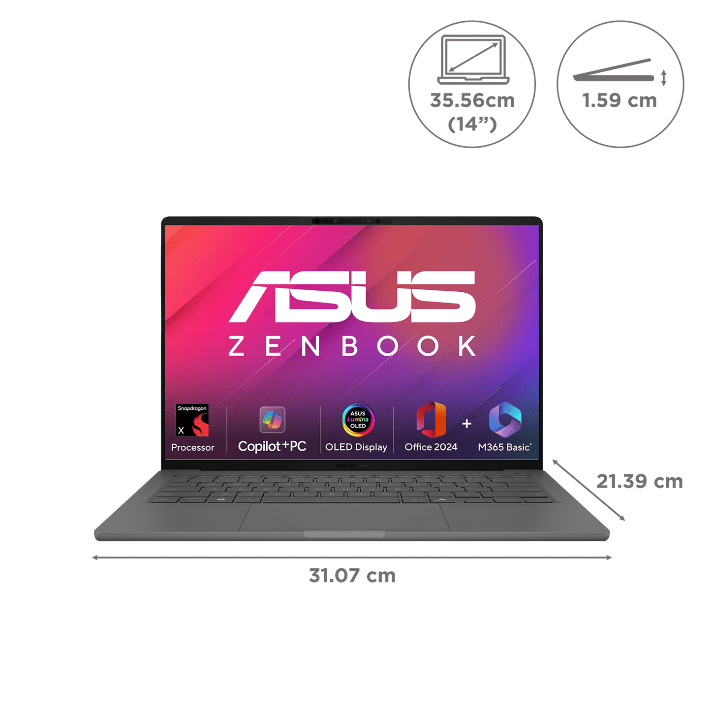 ASUS Zenbook A14 Snapdragon X X1 26 100 Ultra Thin Laptop (16GB, 512GB SSD, Windows 11 Home, 14 inch WUXGA OLED Display, MS Office Home 2024, Iceland Gray, 0.98 KG)