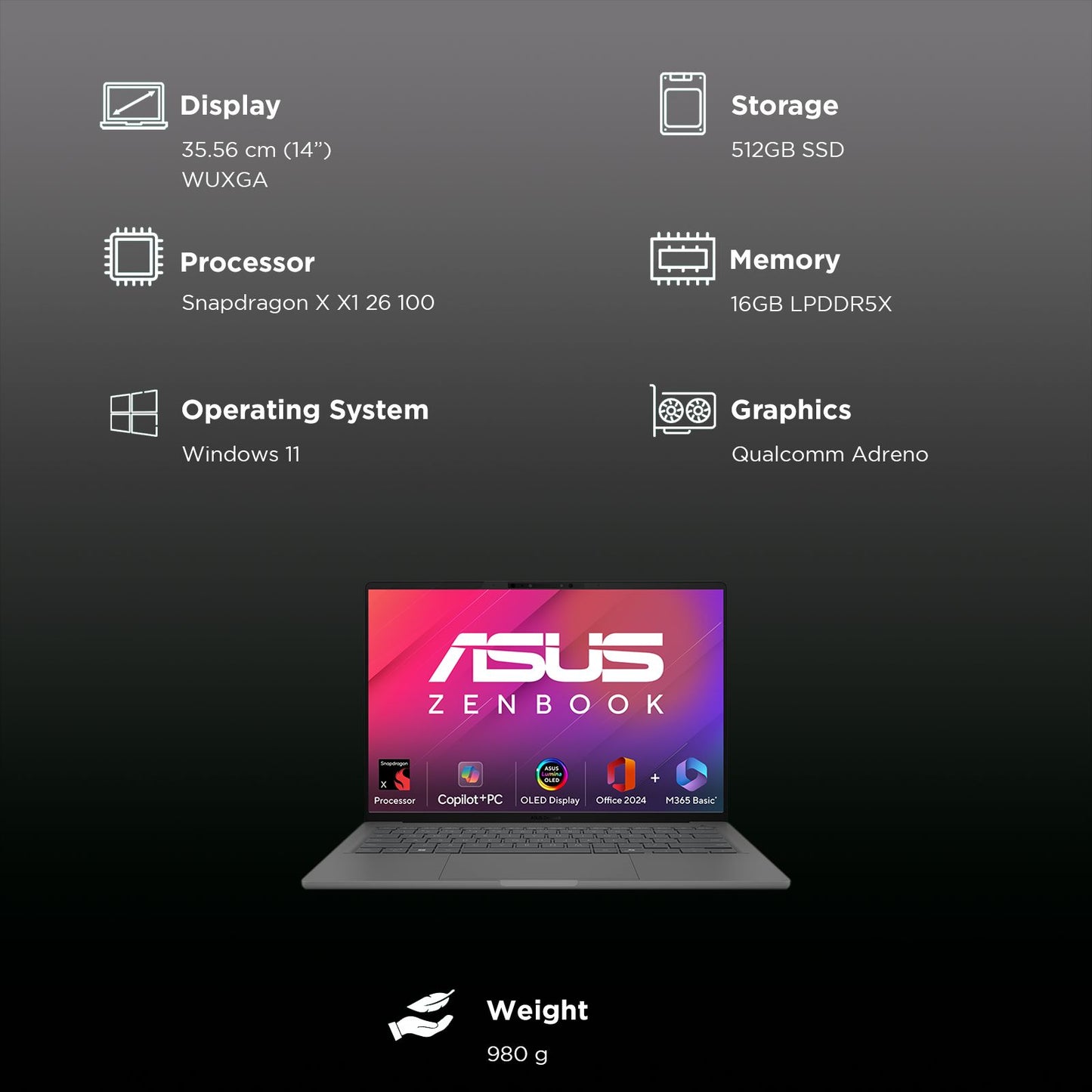 ASUS Zenbook A14 Snapdragon X X1 26 100 Ultra Thin Laptop (16GB, 512GB SSD, Windows 11 Home, 14 inch WUXGA OLED Display, MS Office Home 2024, Iceland Gray, 0.98 KG)