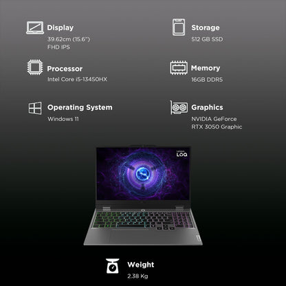 Lenovo LOQ 15IRX9 Intel Core i5 13th Gen Gaming Laptop (16GB, 512GB SSD, Windows 11 Home, 6GB Graphics, 15.6 inch 144 Hz Full HD IPS Display, NVIDIA GeForce RTX 3050, MS Office Home 2024, Luna Grey, 2.38 KG)