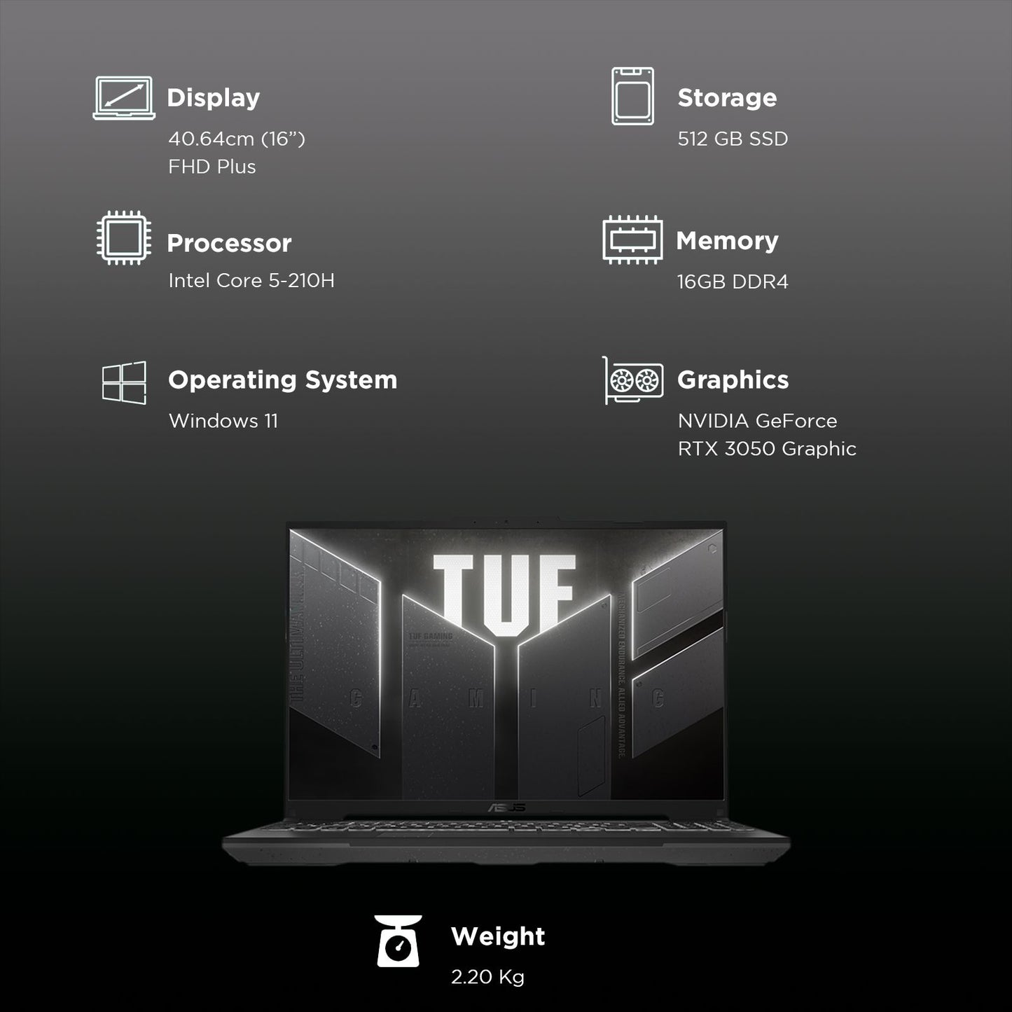 ASUS TUF F16 Intel Core 5 210H Gaming Laptop (16GB, 512GB SSD, Windows 11 Home, 4GB Graphics, 16 inch 144 Hz Full HD Plus Display, NVIDIA GeForce RTX 3050A, Mecha Gray, 2.2 KG)