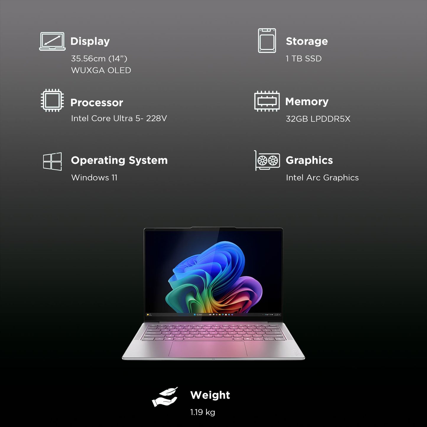 Lenovo Yoga Slim 7 14ILL10 Intel Core Ultra 5 228V Thin & Light Laptop (32GB, 1TB SSD, Windows 11 Home, 14 inch WUXGA OLED Display, MS Office Home 2024, Luna Grey, 1.19 KG)