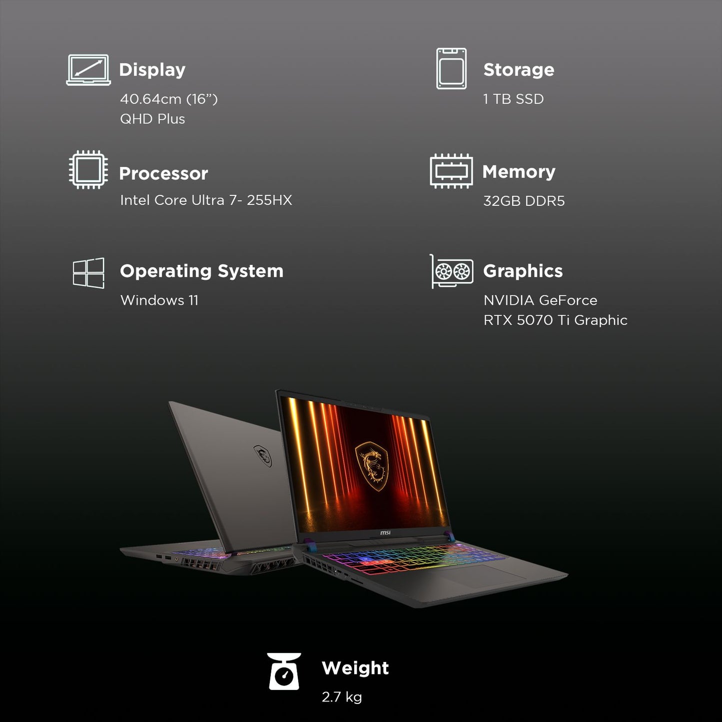 MSI Vector 16 HX AI A2XWHG Intel Core Ultra 7 255HX Gaming Laptop (32GB, 1TB SSD, Windows 11 Home, 12GB Graphics, 16 inch 240 Hz QHD Plus Display, NVIDIA GeForce RTX 5070 Ti, MS Office Home,  Cosmos Gray, 2.7 KG)