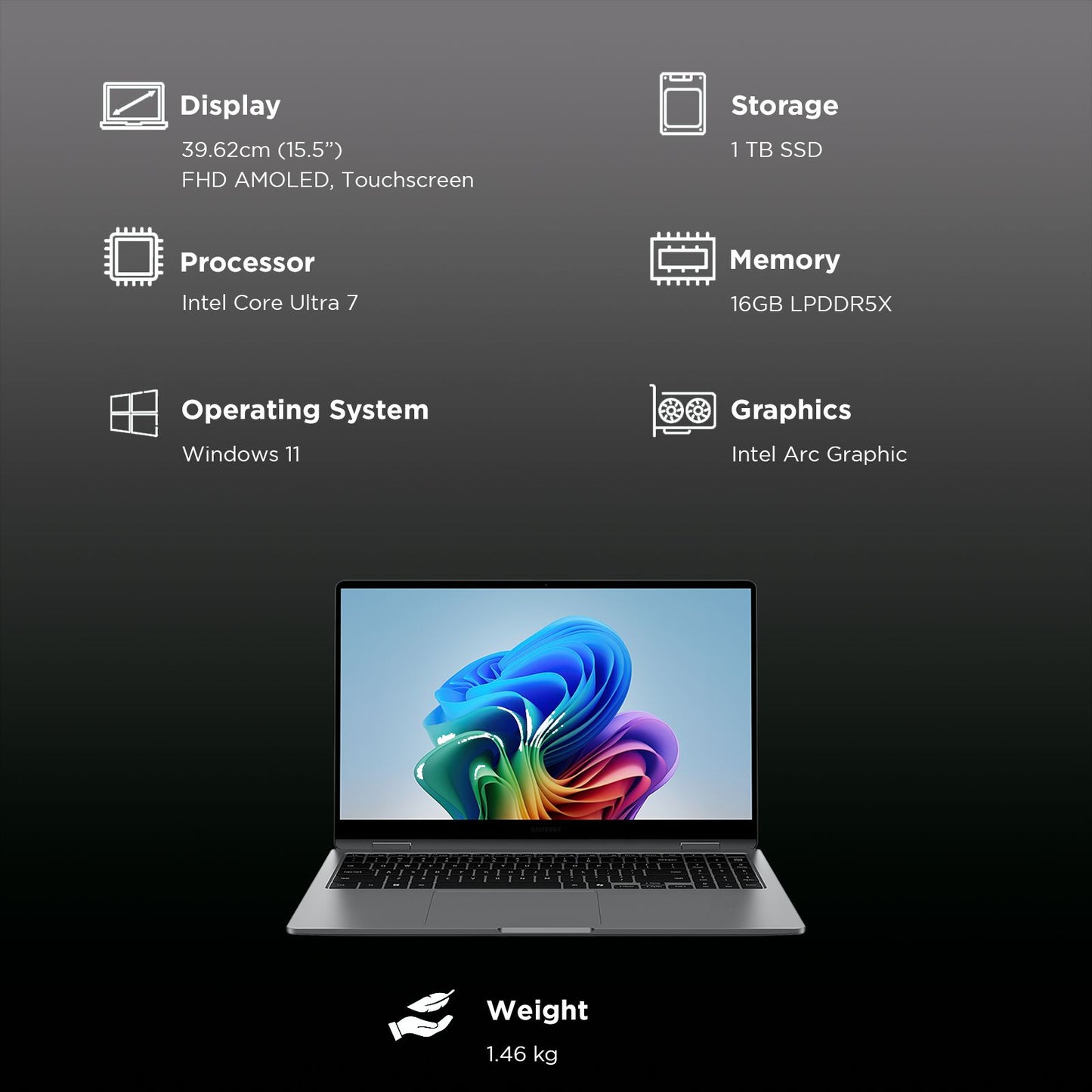 SAMSUNG Galaxy Book5 360 Intel Core Ultra 7 Touchscreen Thin & Light Laptop (16GB, 1TB SSD, Windows 11 Home, 8GB Graphics, 15.5 inch FHD AMOLED Display, MS Office 2021, Gray, 1.46 KG)
