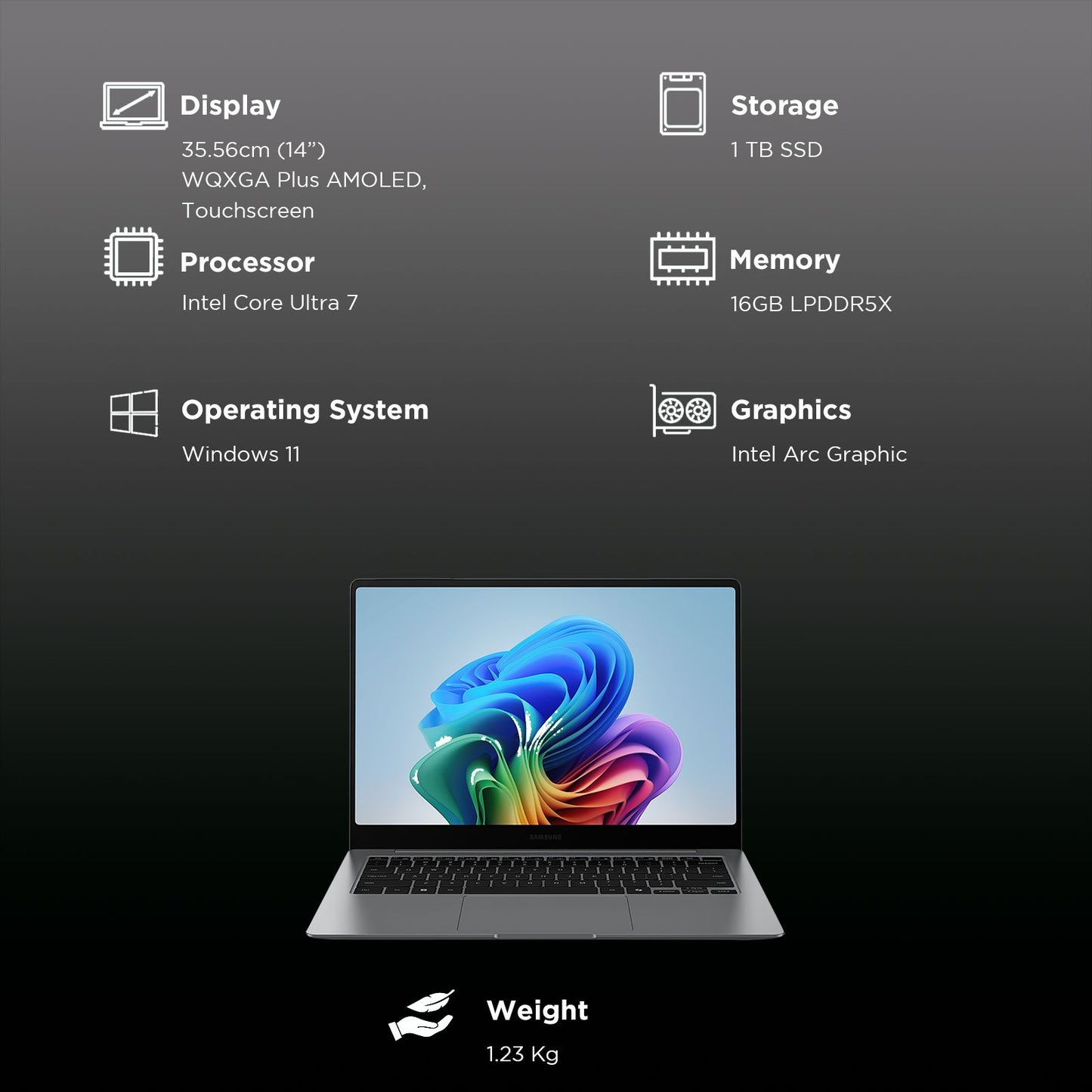 SAMSUNG Galaxy Book5 Pro Intel Core Ultra 7 Touchscreen Thin & Light Laptop (16GB, 1TB SSD, Windows 11 Home, 8GB Graphics, 14 inch WQXGA Plus AMOLED Display, MS Office 2021, Gray, 1.23 KG)
