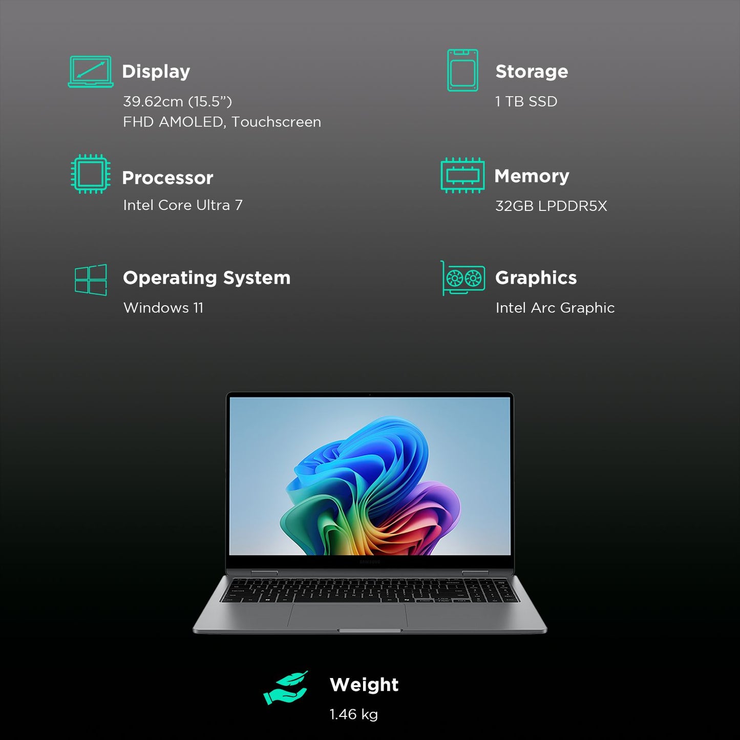 SAMSUNG Galaxy Book5 360 Intel Core Ultra 7 Touchscreen Thin & Light Laptop (32GB, 1TB SSD, Windows 11 Home, 16GB Graphics, 15.5 inch FHD AMOLED Display, MS Office 2021, Gray, 1.46 KG)