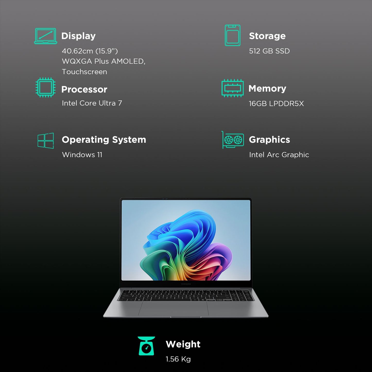 SAMSUNG Galaxy Book5 Pro Intel Core Ultra 7 Touchscreen Thin & Light Laptop (16GB, 512GB SSD, Windows 11 Home, 8GB Graphics, 15.9 inch WQXGA Plus AMOLED Display, MS Office 2021, Gray, 1.56 KG)