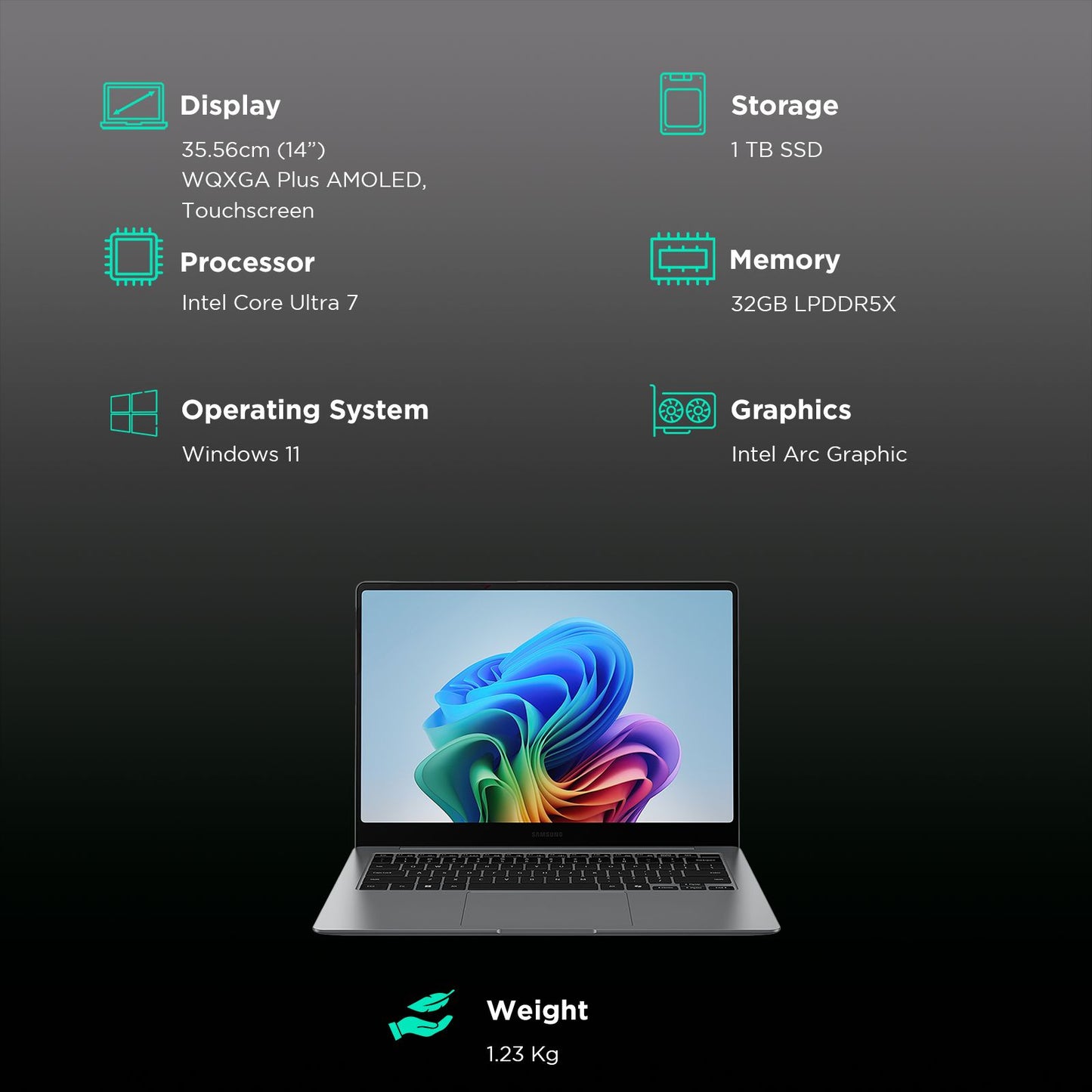 SAMSUNG Galaxy Book5 Pro Intel Core Ultra 7 Touchscreen Thin & Light Laptop (32GB, 1TB SSD, Windows 11 Home, 16GB Graphics, 14 inch WQXGA Plus AMOLED Display, MS Office 2021, Gray, 1.23 KG)