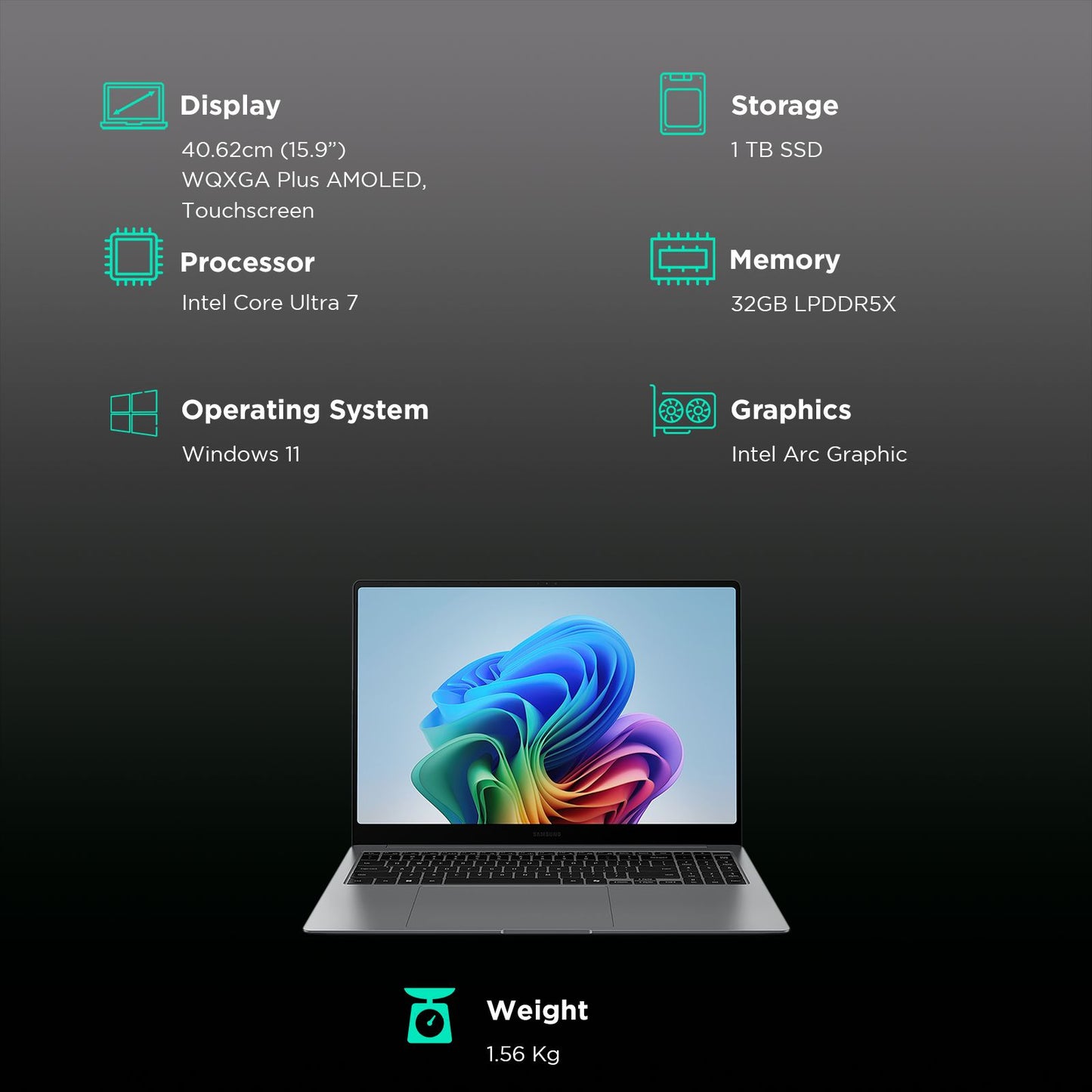 SAMSUNG Galaxy Book5 Pro Intel Core Ultra 7 Touchscreen Thin & Light Laptop (32GB, 1TB SSD, Windows 11 Home, 16GB Graphics, 15.9 inch WQXGA Plus AMOLED Display, MS Office 2021, Gray, 1.56 KG)