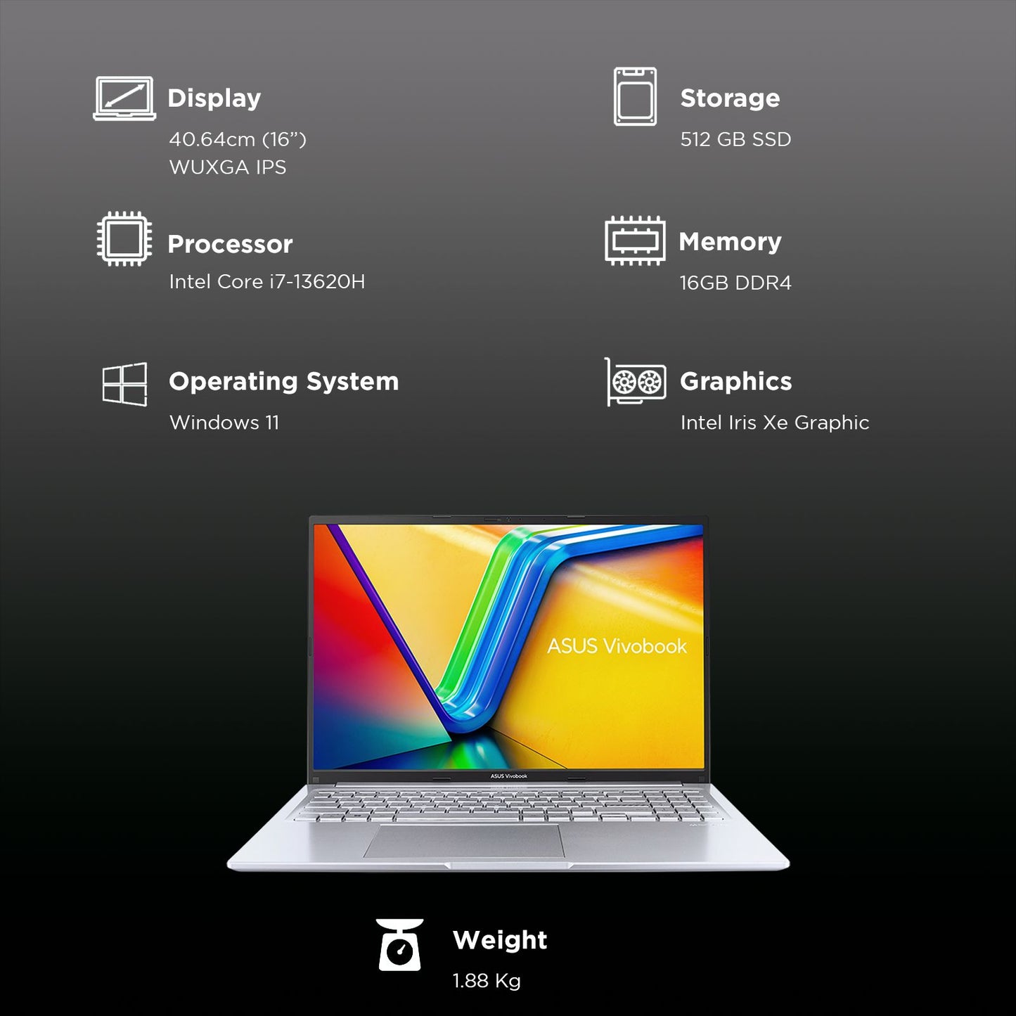 ASUS Vivobook 16 X1605VA-MB1628WS Intel Core i7 13th Gen Laptop (16GB, 512GB SSD, Windows 11 Home, 16 inch WUXGA IPS Display, MS Office 2024, Cool Silver, 1.88 KG)
