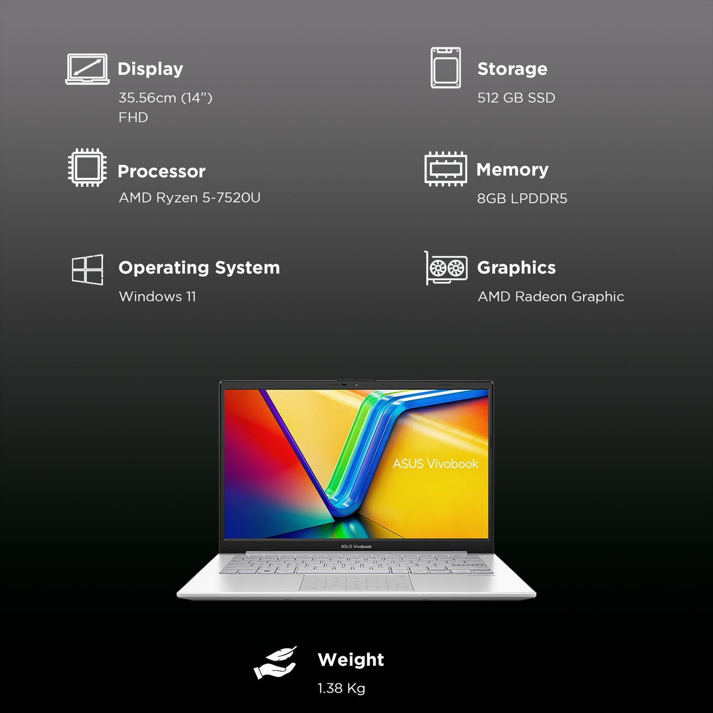 ASUS Vivobook Go 14 AMD Ryzen 5 7520U Thin & Light Laptop (8GB, 512GB SSD, Windows 11 Home, 14 inch Full HD Display, MS Office 2024, Cool Silver, 1.38 KG)