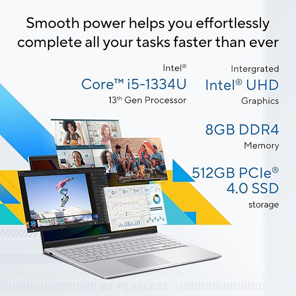 ASUS Vivobook 15 X1504VA-NJ1765WS Intel Core i5 13th Gen Laptop (8GB, 512GB SSD, Windows 11 Home, 15.6 inch Full HD Display, MS Office 2024, Cool Silver, 1.7 KG)
