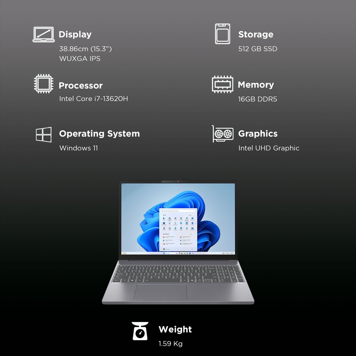 Lenovo IdeaPad Slim 3 15IRH10 Intel Core i7 13th Gen Thin & Light Laptop (16GB, 512GB SSD, Windows 11 Home, 15.3 inch WUXGA IPS Display, MS Office 2024, Luna Grey, 1.59 KG)