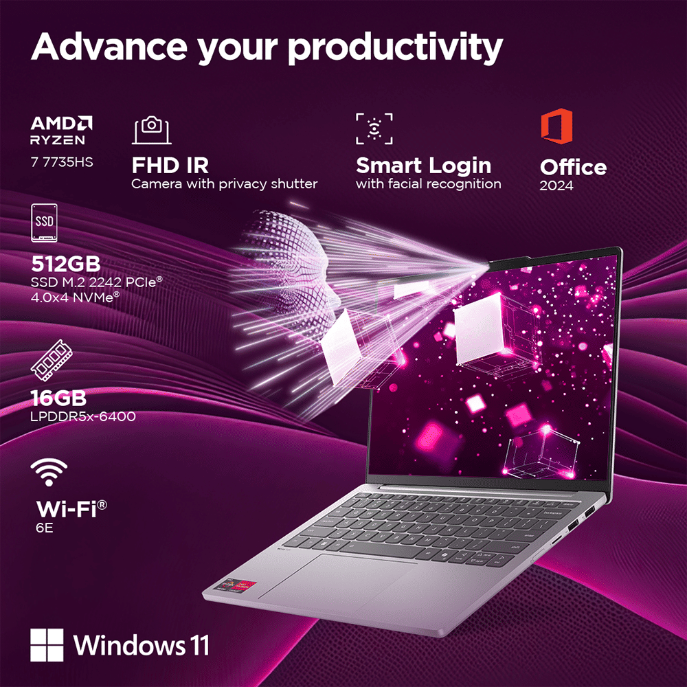 Lenovo IdeaPad Slim 5 13ARP10 AMD Ryzen 7 Thin & Light Laptop (16GB, 512GB SSD, Windows 11 Home, 13.3 inch WUXGA IPS Display, MS Office Home 2024, Cloud Grey, 1.15 KG)