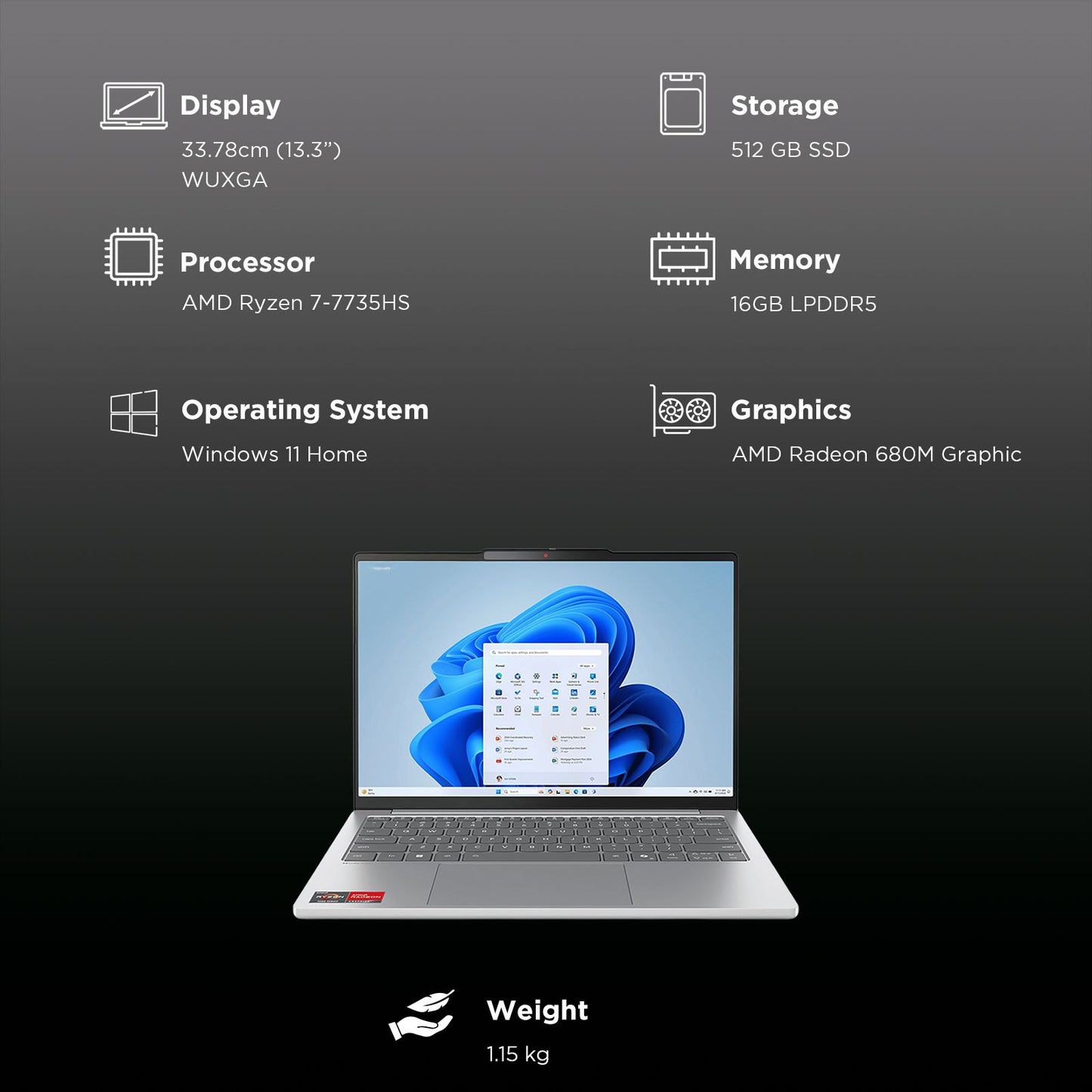 Lenovo IdeaPad Slim 5 13ARP10 AMD Ryzen 7 Thin & Light Laptop (16GB, 512GB SSD, Windows 11 Home, 13.3 inch WUXGA IPS Display, MS Office Home 2024, Cloud Grey, 1.15 KG)