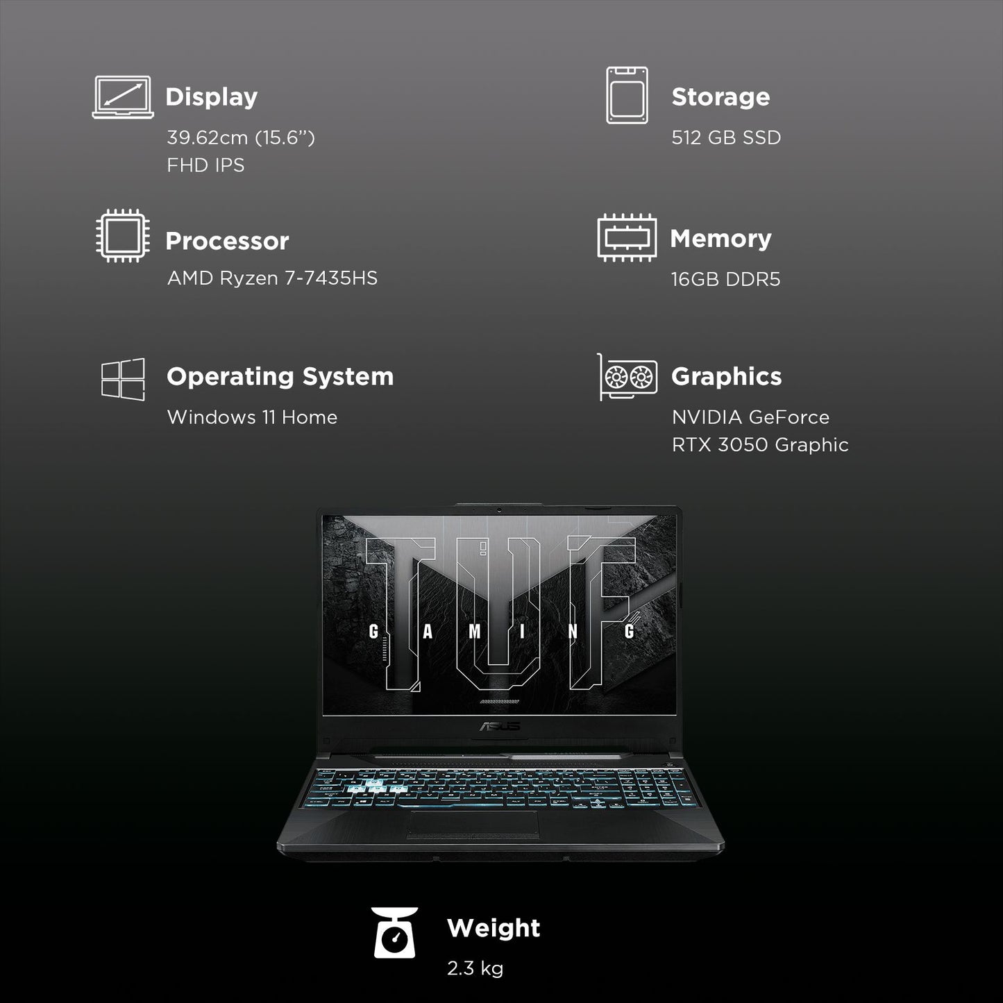 ASUS TUF A15 FA566NCR-HN254WS AMD Ryzen 7 Gaming Laptop (16GB, 512GB SSD, Windows 11 Home, 4GB Graphics, 15.6 inch 144 Hz Full HD IPS Display, NVIDIA GeForce RTX 3050, MS Office Home, Graphite Black, 2.30 KG)